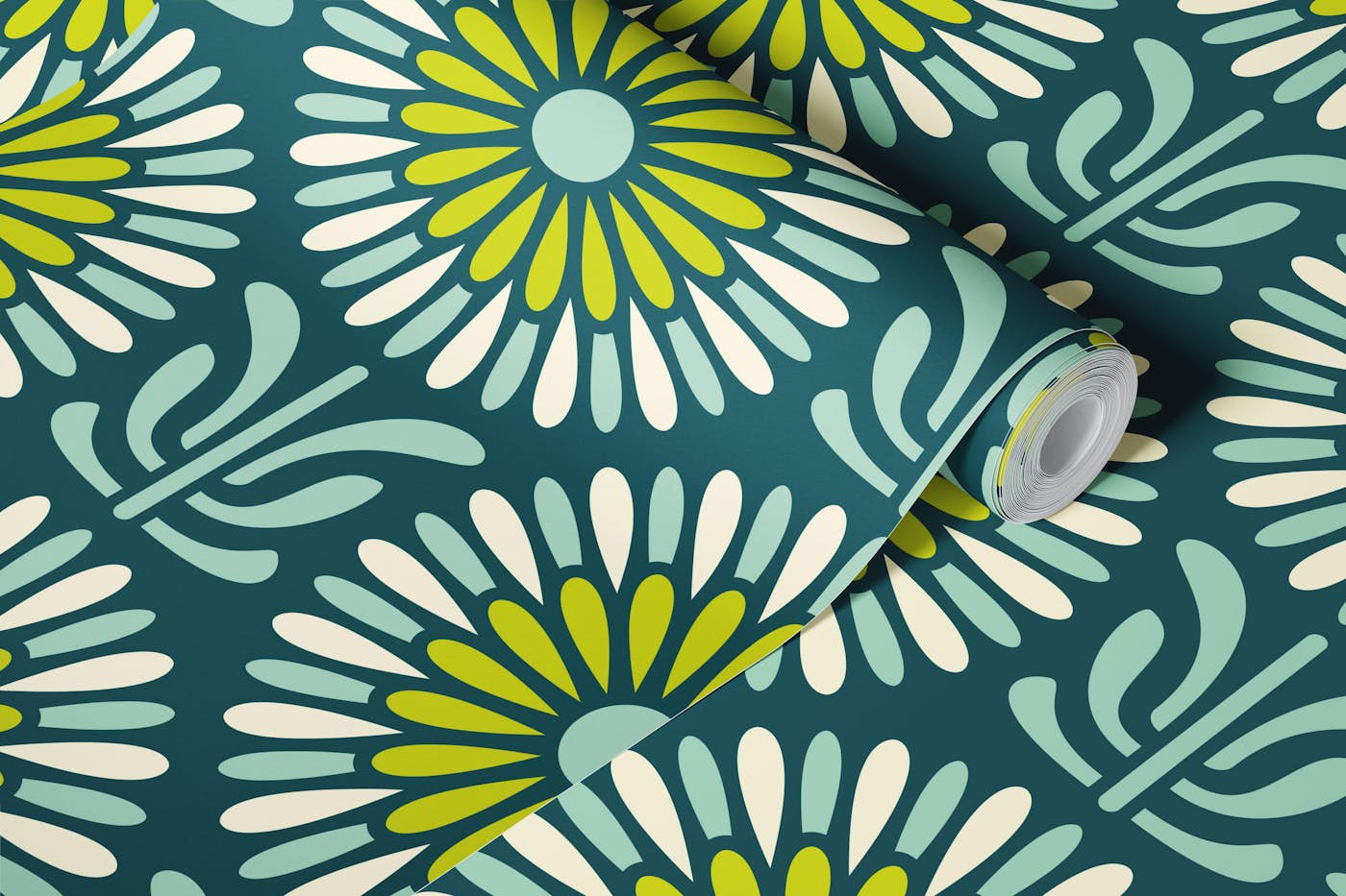 Retro Floral Burst Delight in Teal Green - L wallpaper roll