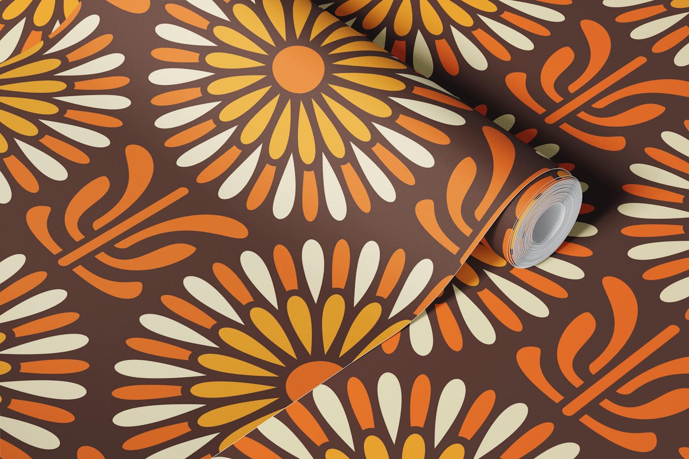 Retro Floral Burst Delight in Orange - L wallpaper roll