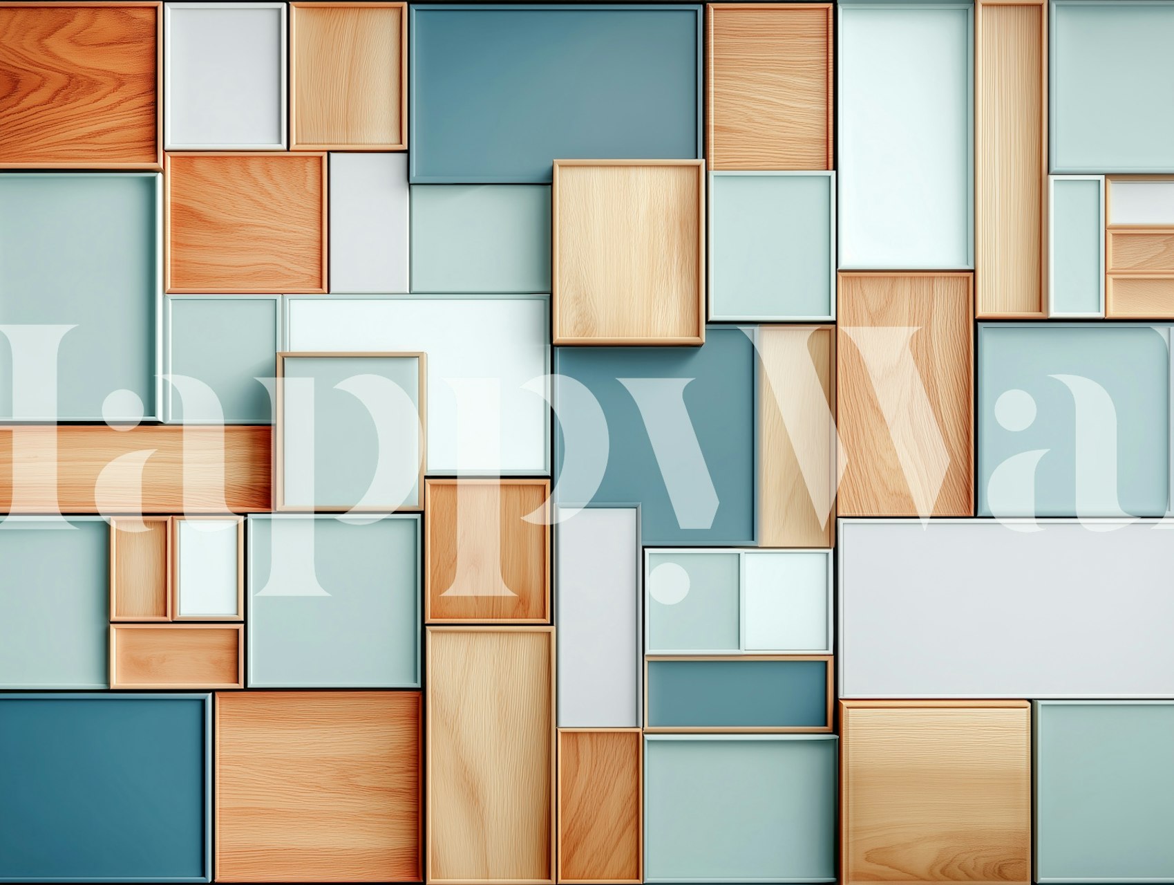 Modern wood and blue geometric wallpaper design