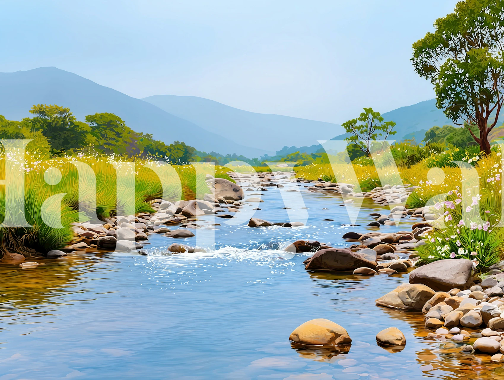 Idyllic Flowing River wallpaper in a room