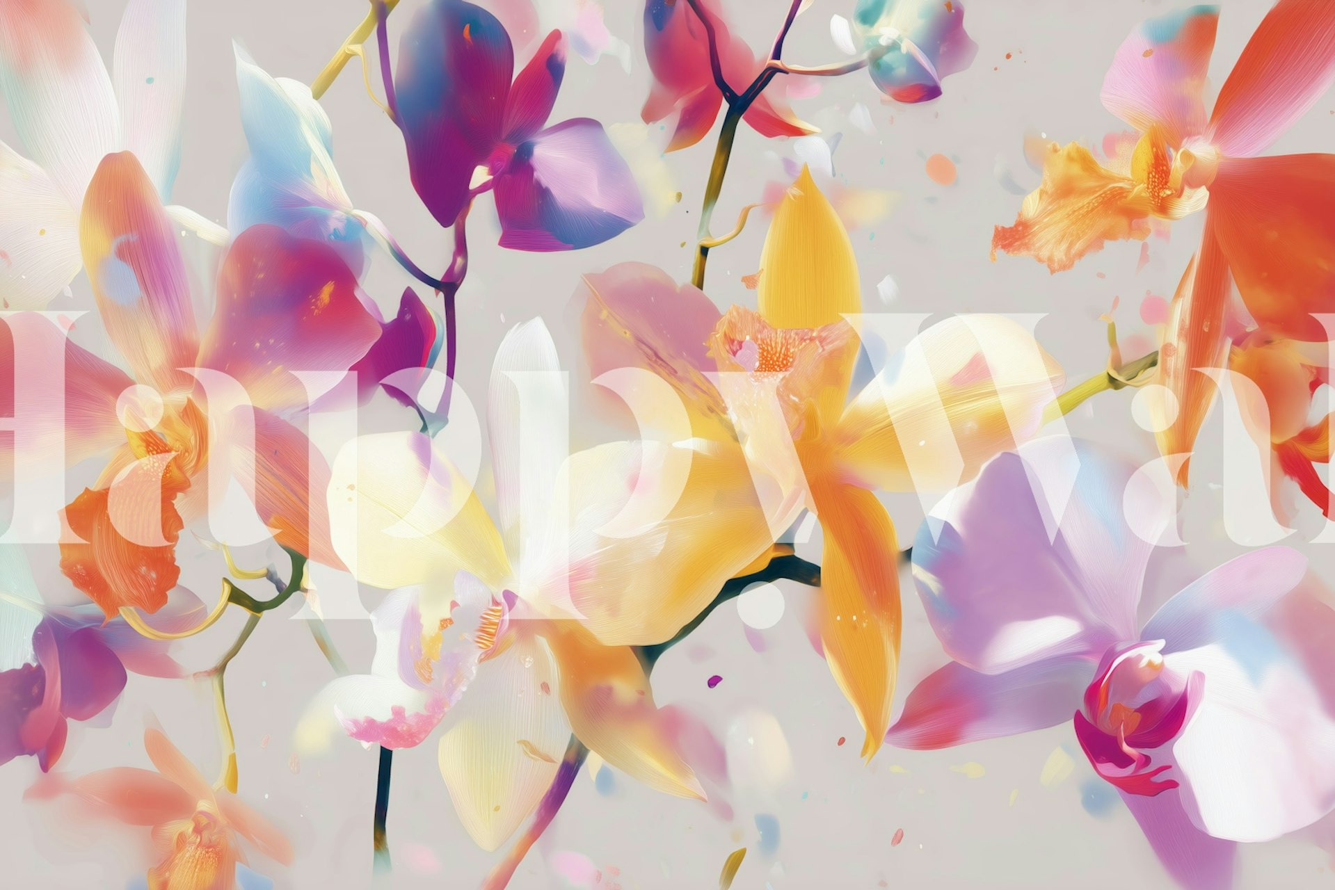 Colorful floral pattern with orchids in pink, yellow, and blue tones wallpaper