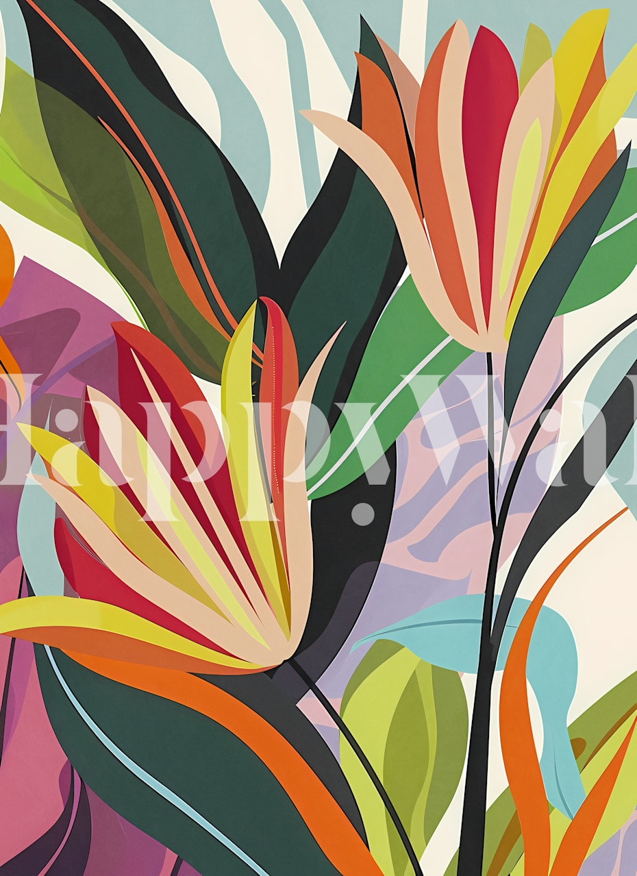 Multicolor Leaf Dance behang weergegeven in een kamer