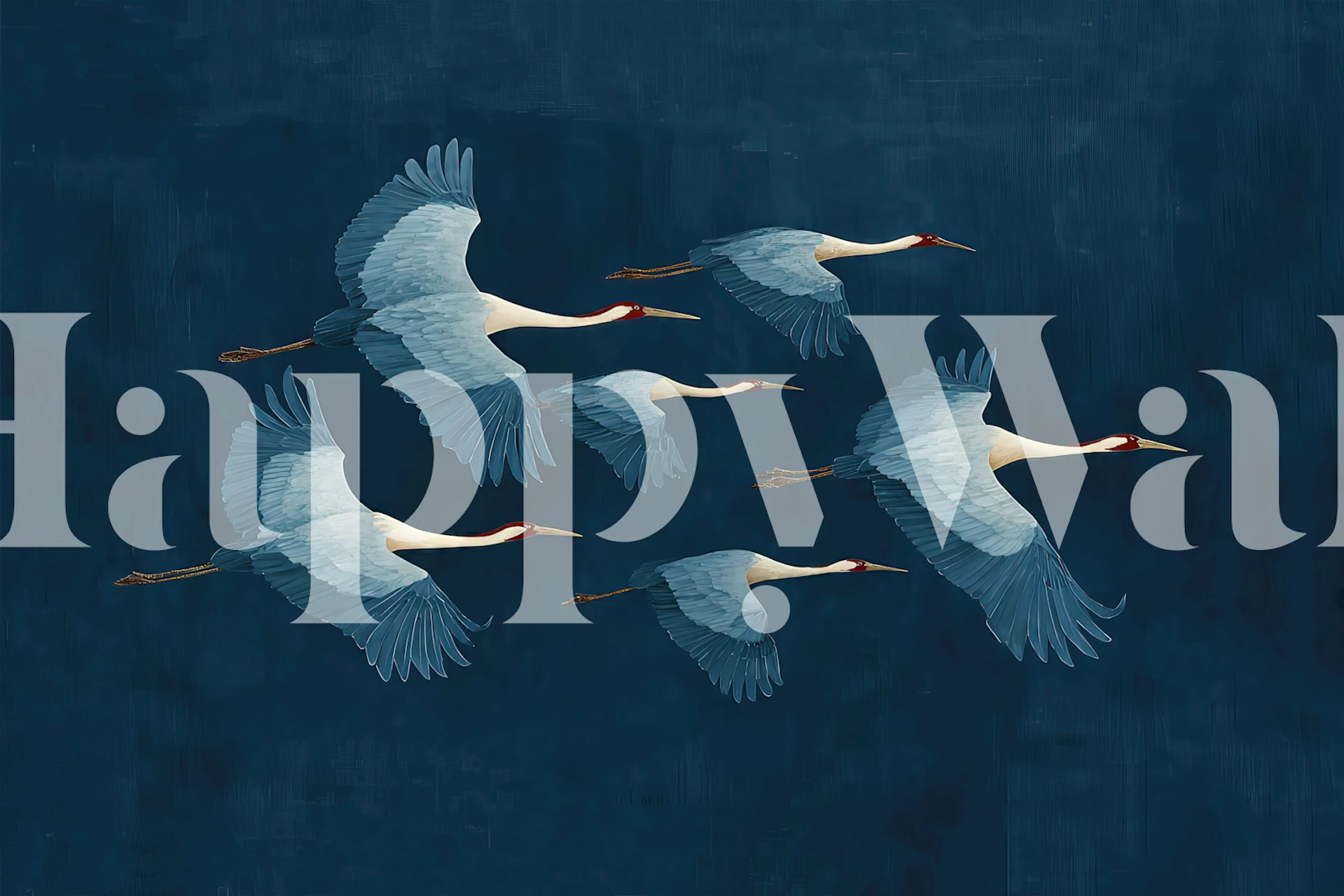 Six cranes flying against a deep blue background wallpaper