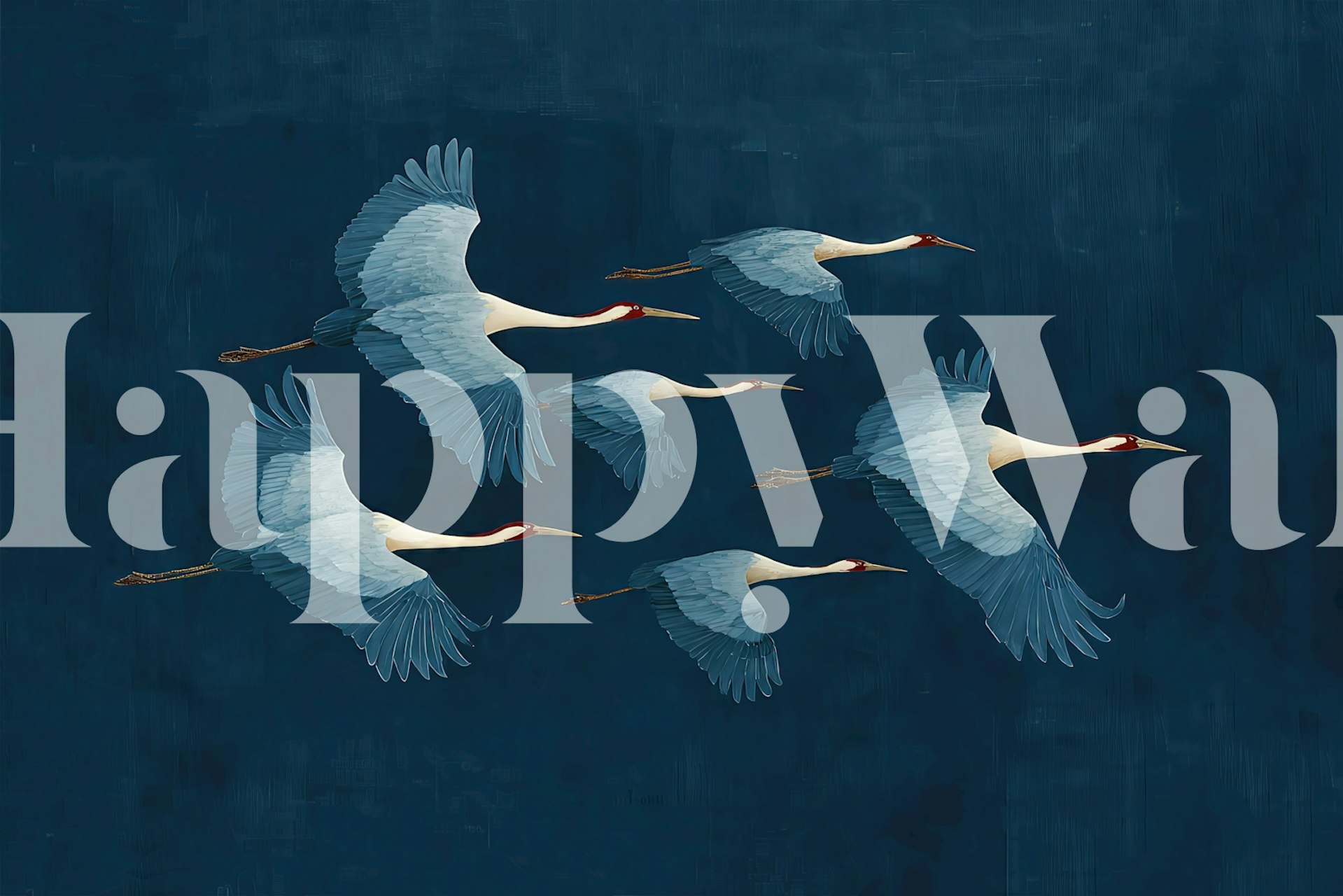 Six cranes flying against a deep blue background wallpaper