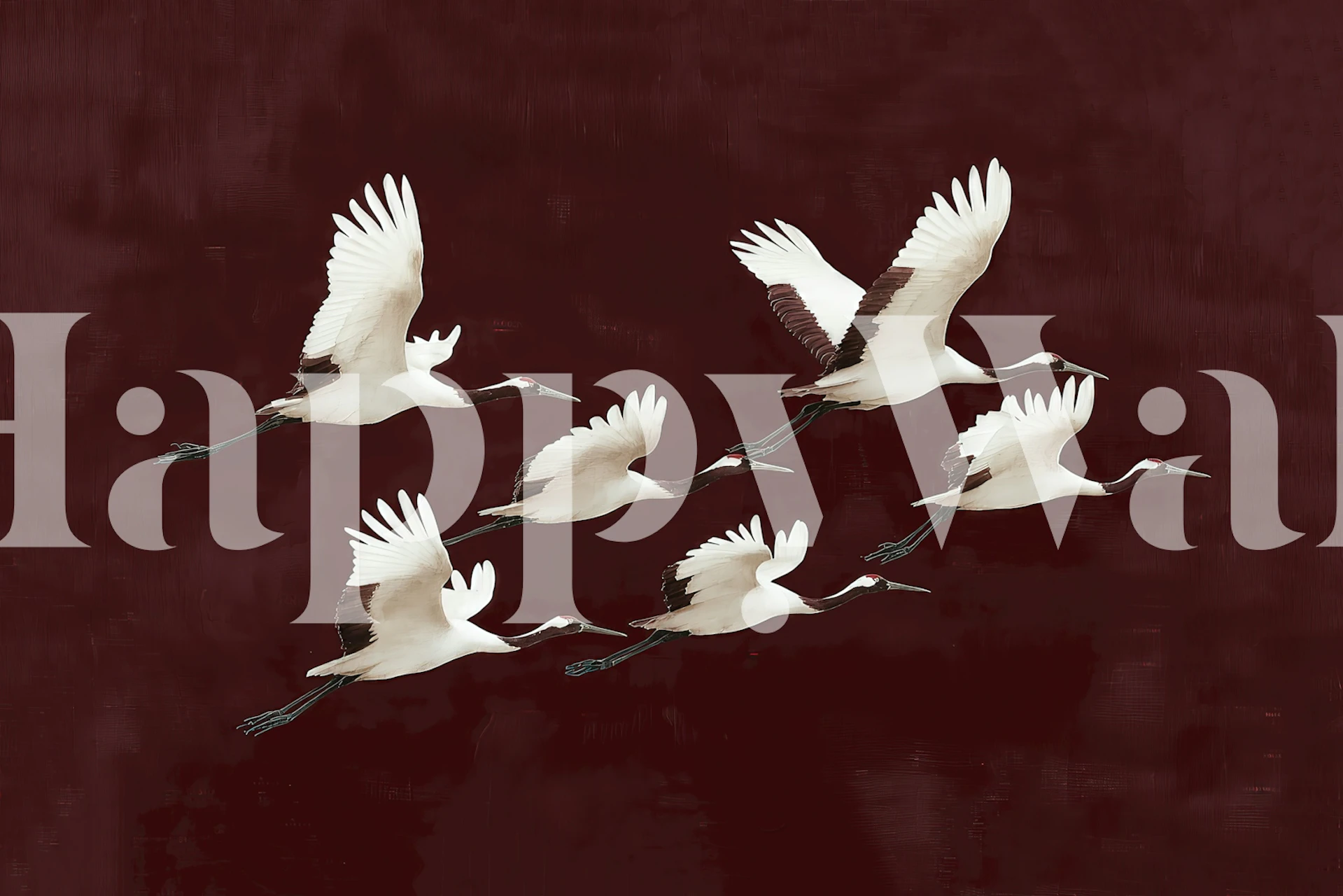 Cranes in flight wallpaper in a room