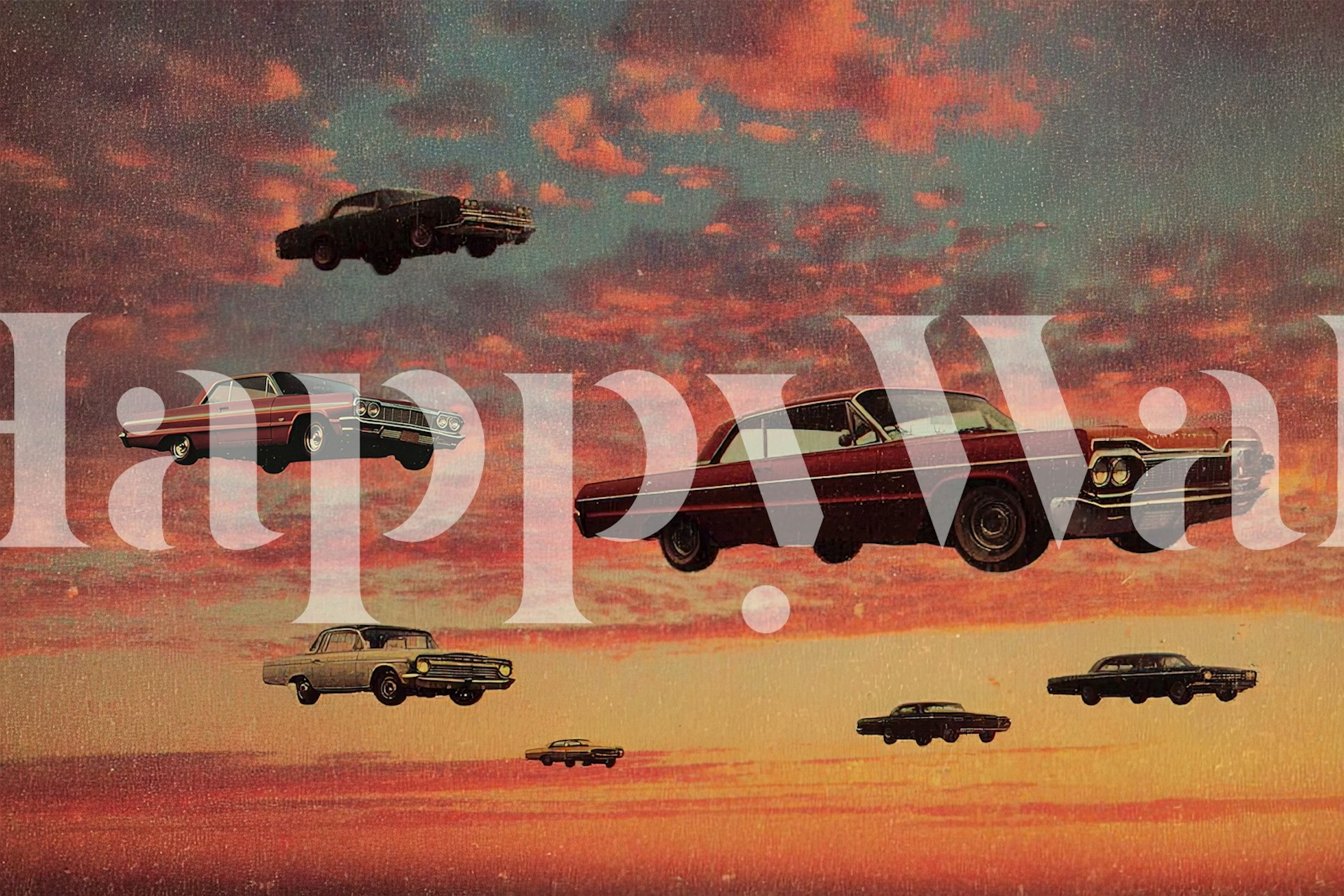 Tapeta Retro Sky Race z latającymi samochodami vintage