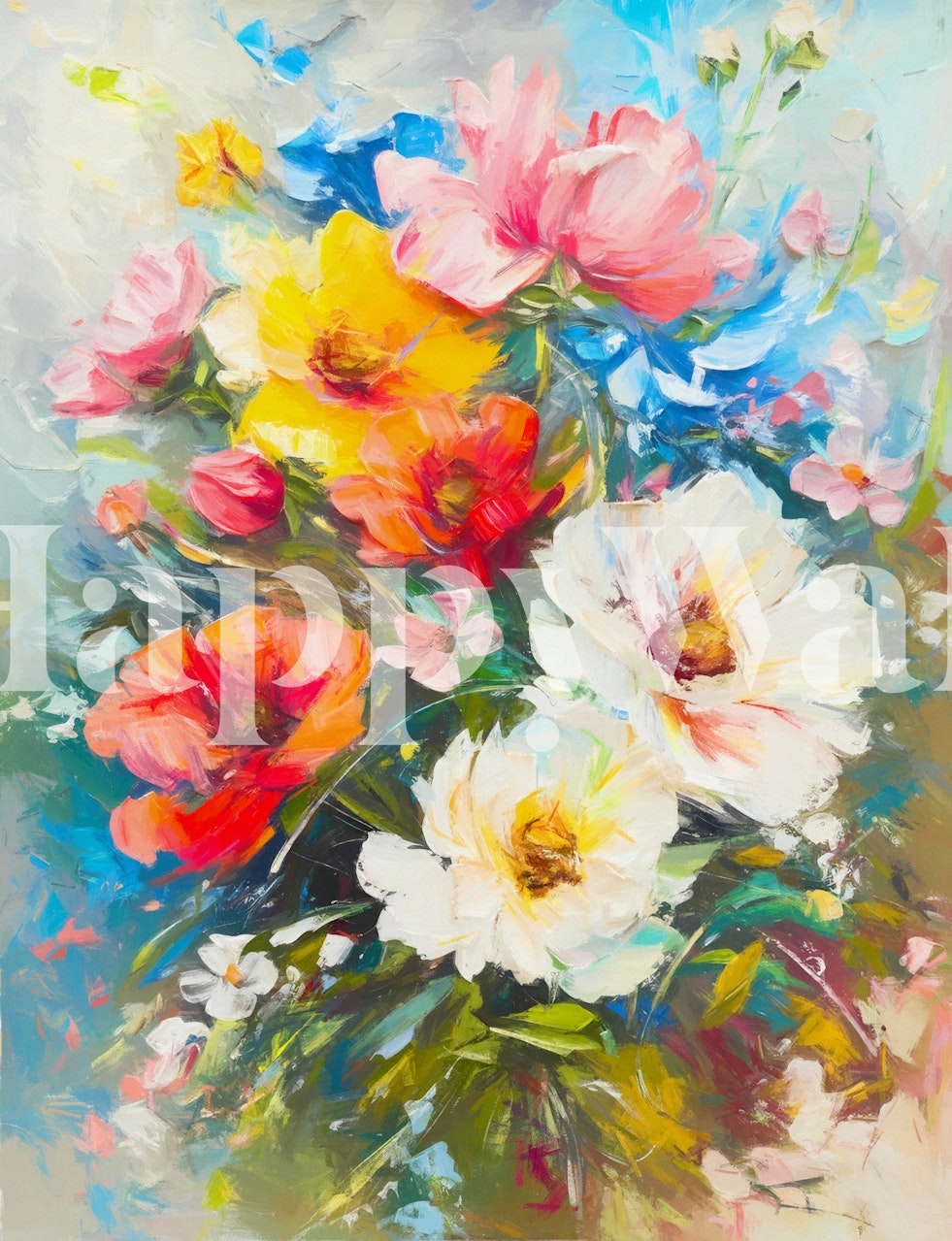 Colorful floral arrangement in pink, yellow, and white wallpaper