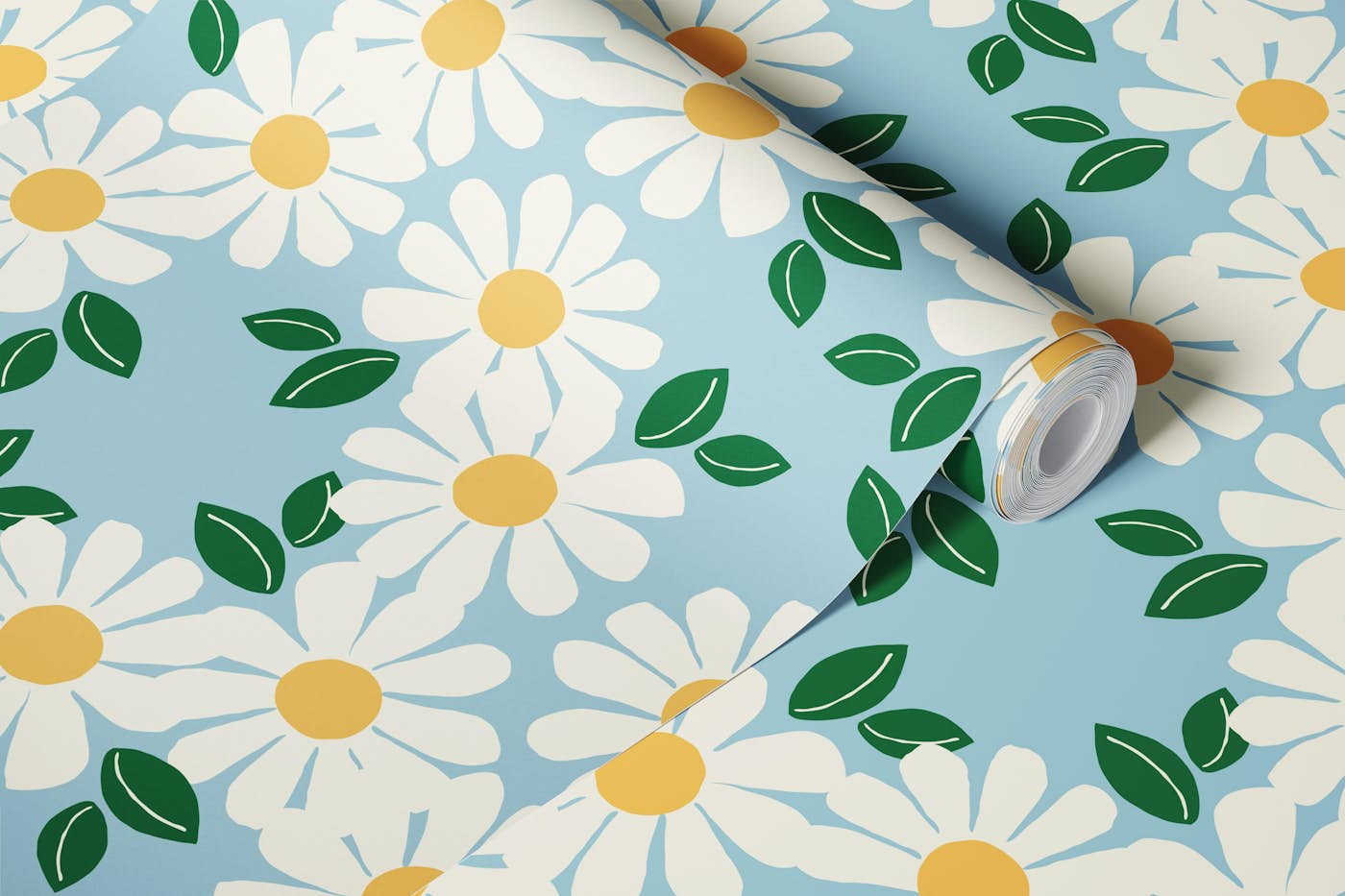 Daisy meadow blue white wallpaper roll