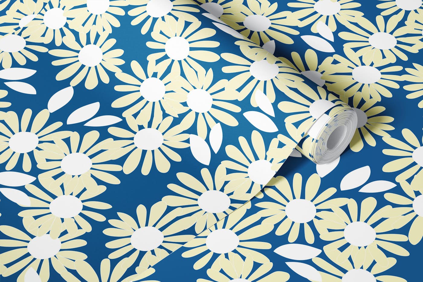 Bold Daisy Blossoms on blue wallpaper roll