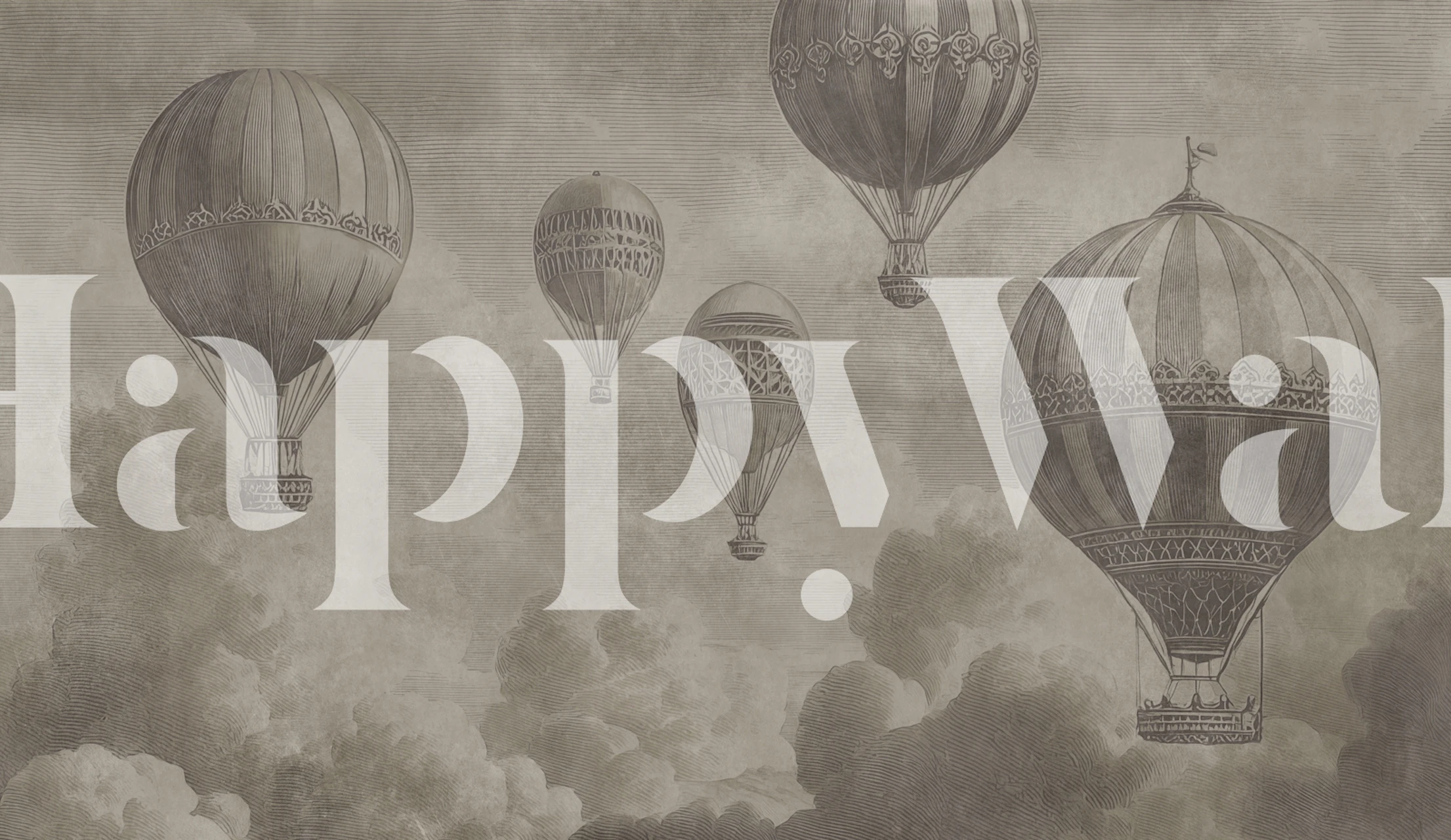 Vintage hot air balloons floating above clouds, brown tones wallpaper