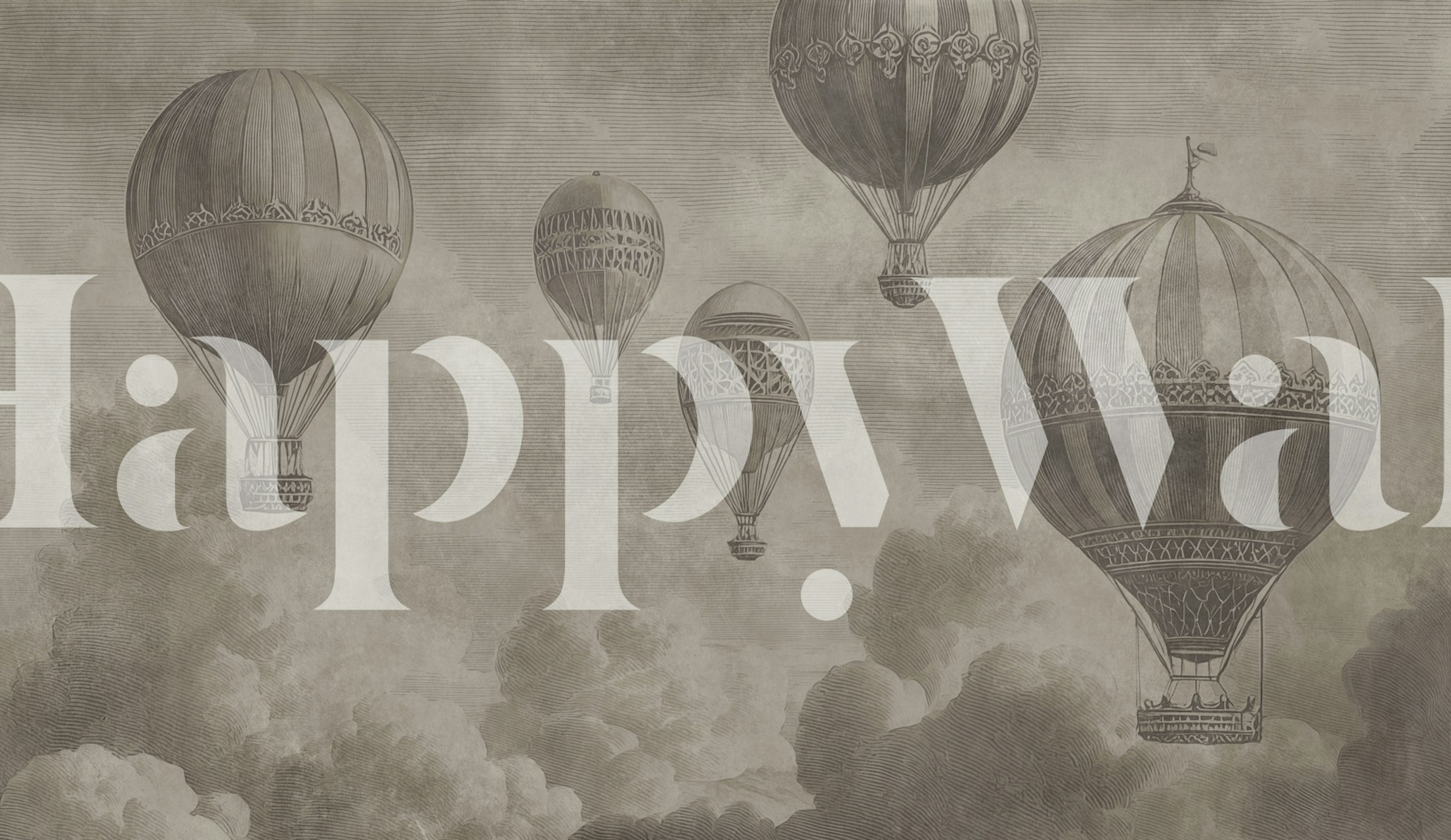 Vintage hot air balloons floating above clouds, brown tones wallpaper