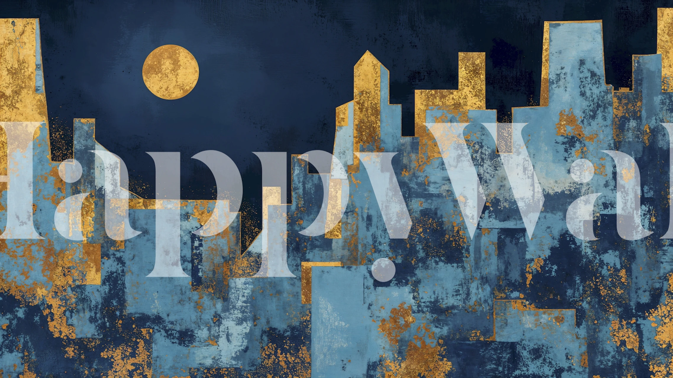 Blue and gold city skyline design with a moon wall mural