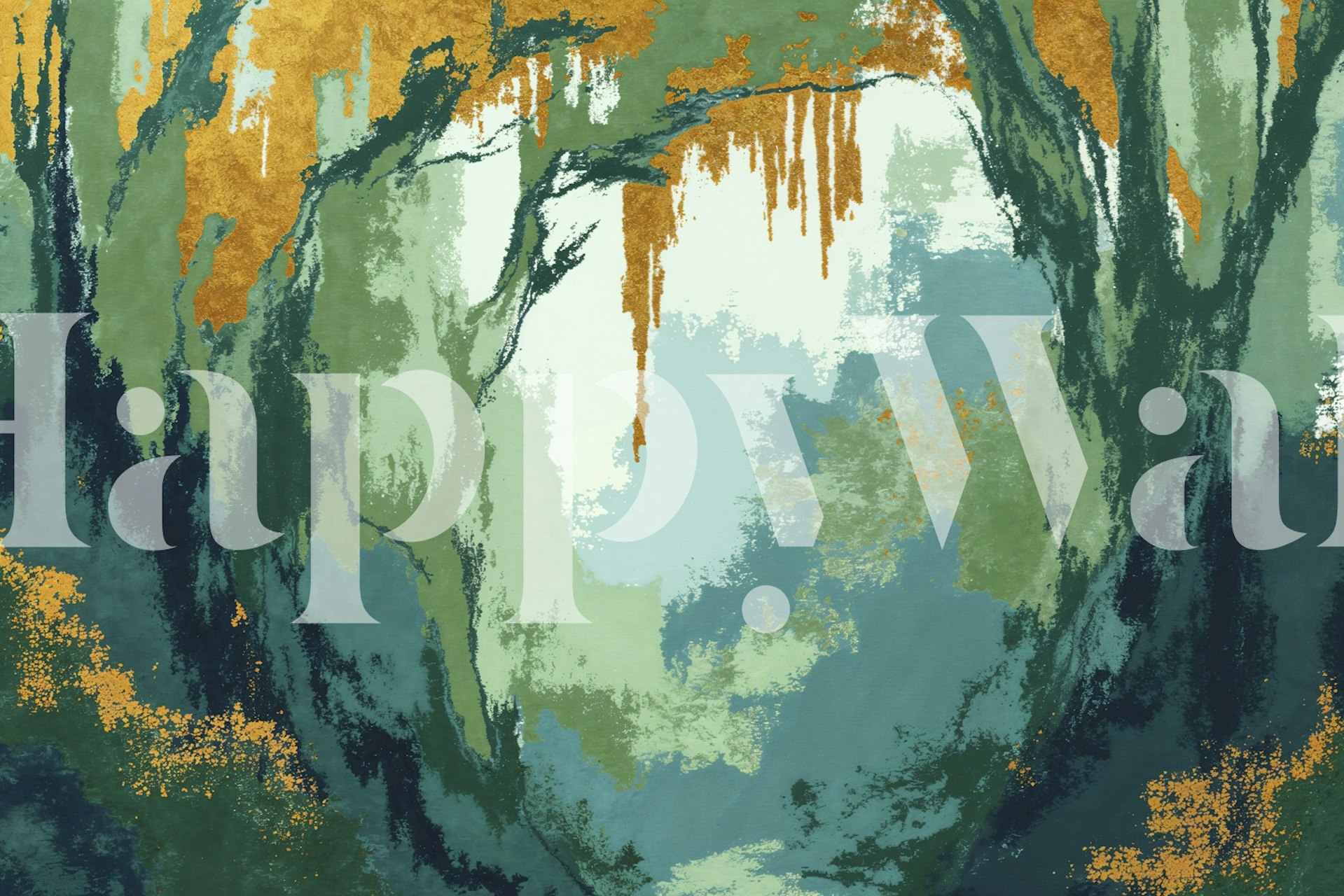 Organic forest scene with green and gold hues wallpaper