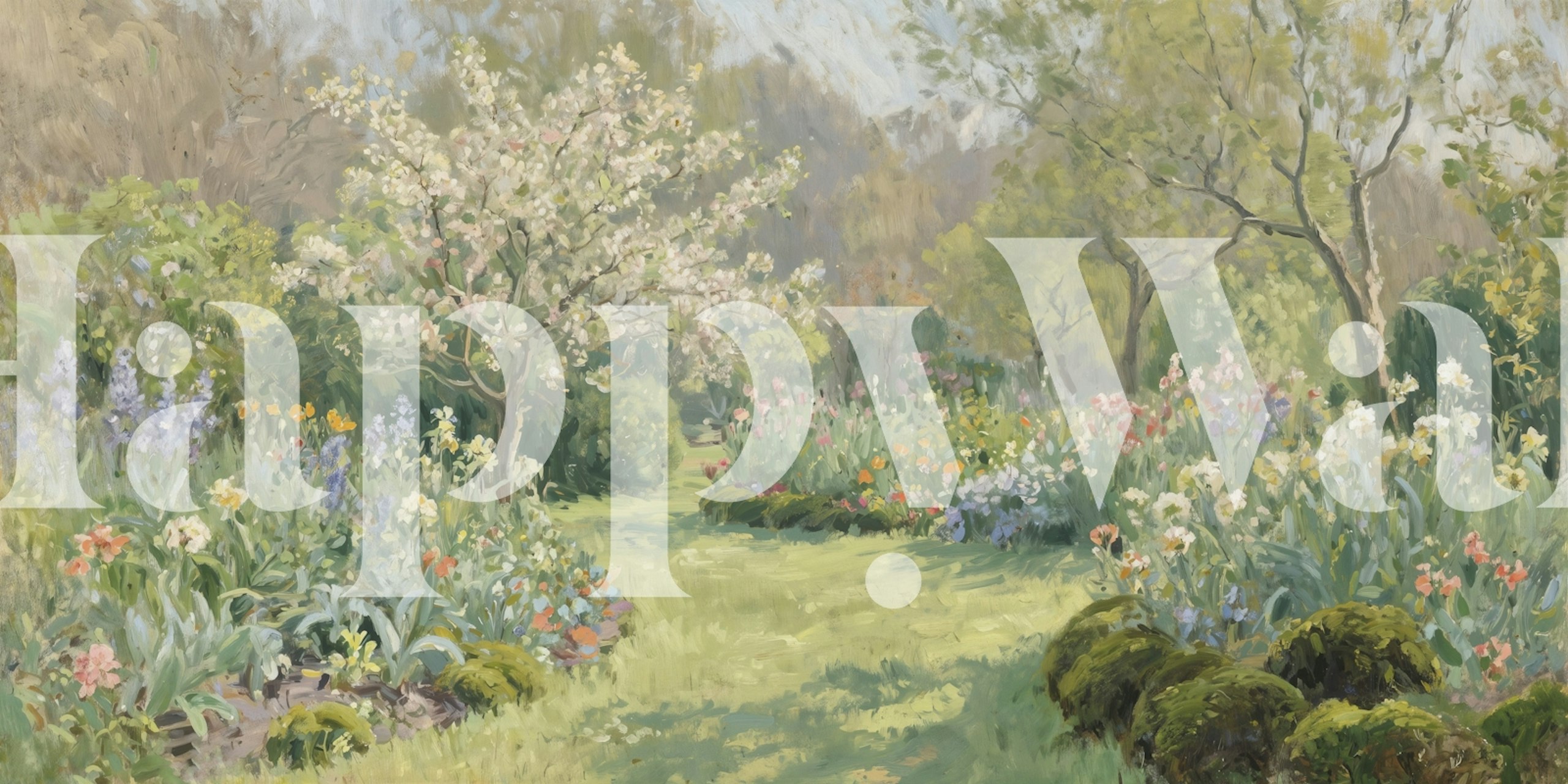 Floral wallpaper with colorful flowers and green foliage in a garden setting