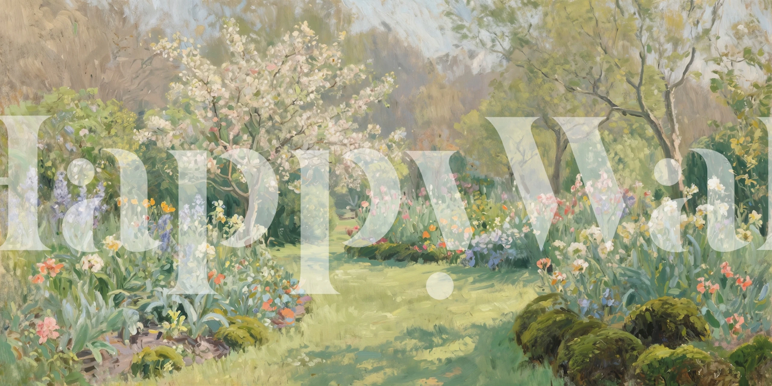 Blühender Garten mit bunten Blumen und Bäumen in Pastellfarben Tapete