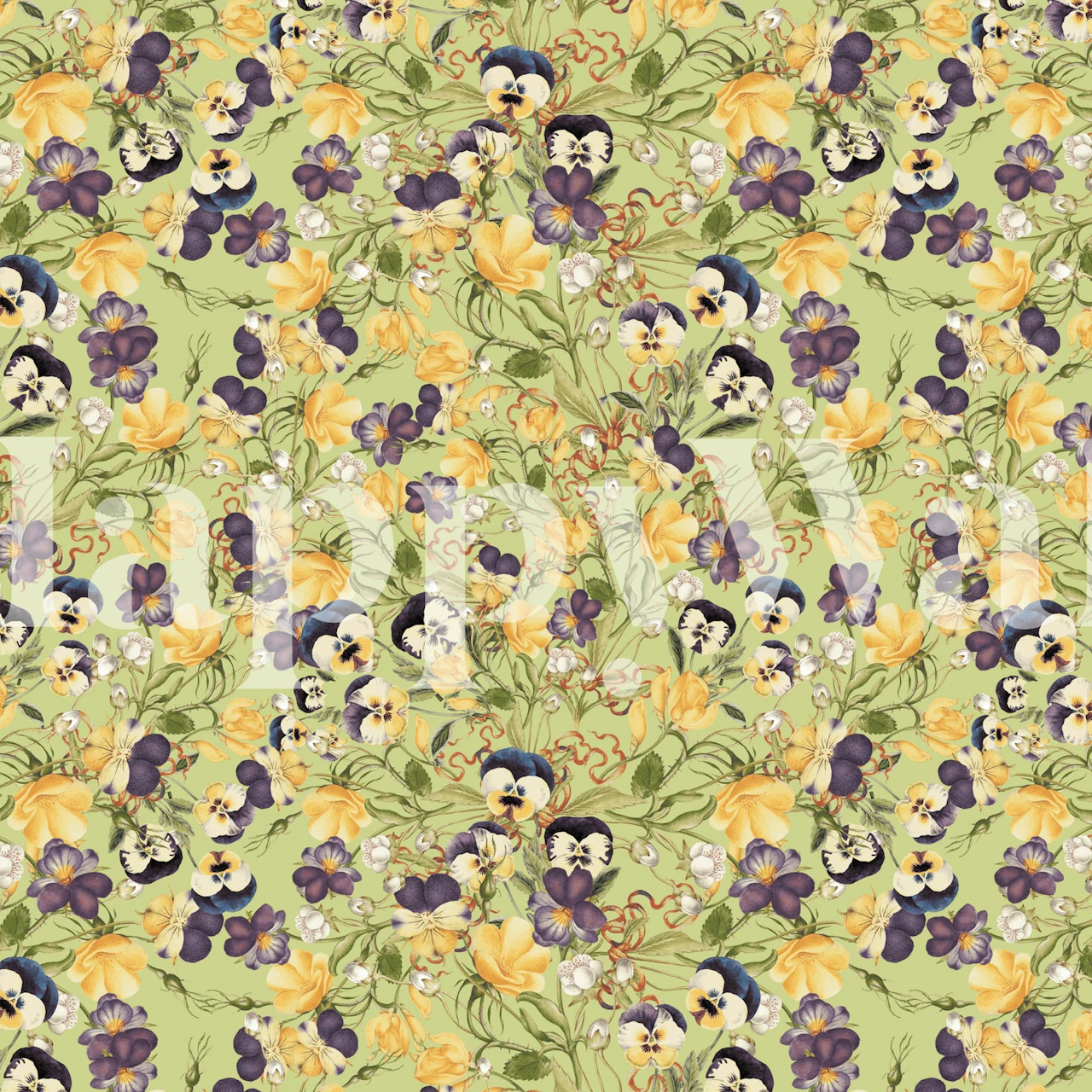 Colorful pansy floral pattern wallpaper in yellow and purple