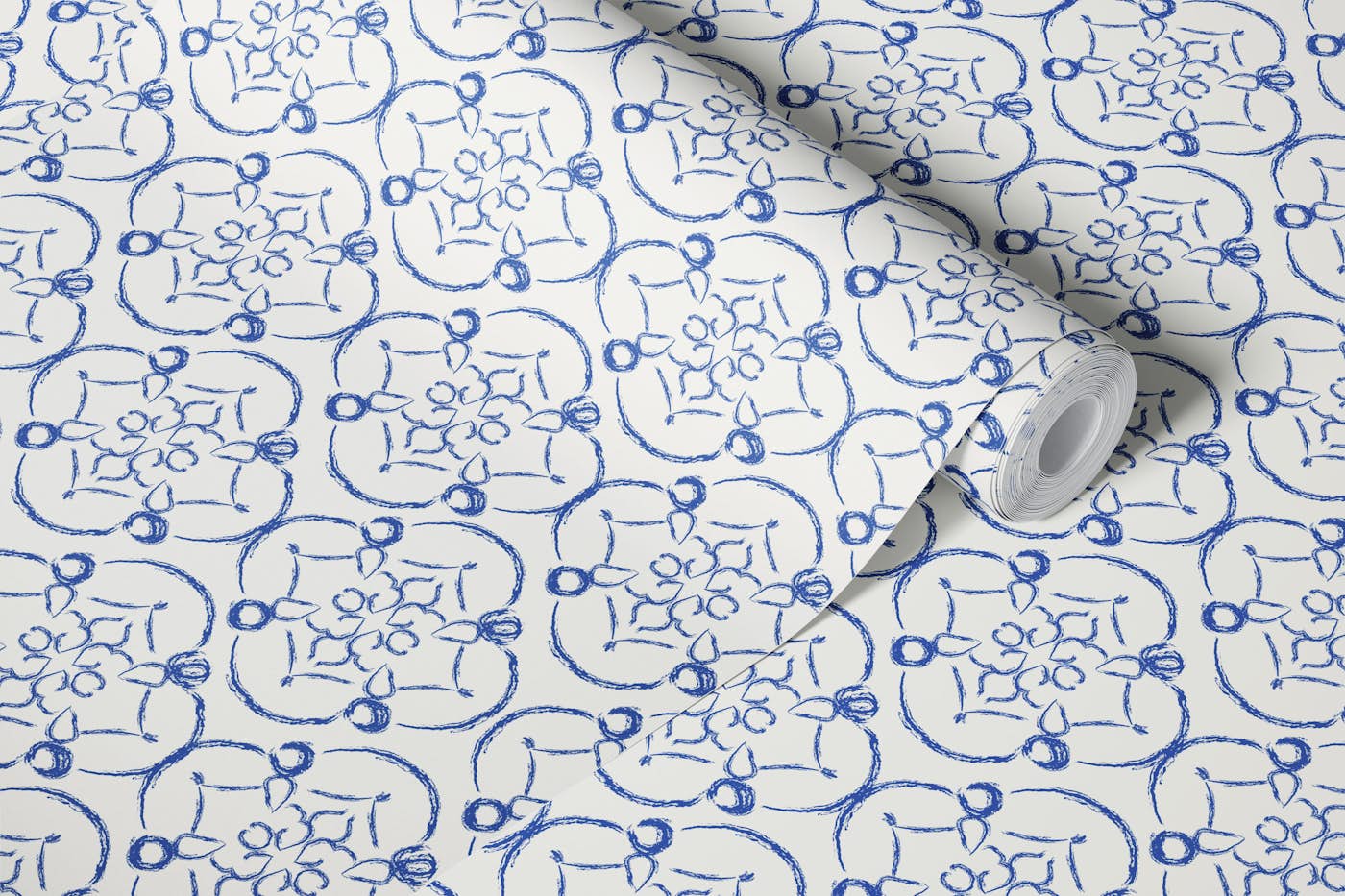 Blue white floral tiles stencil wallpaper roll