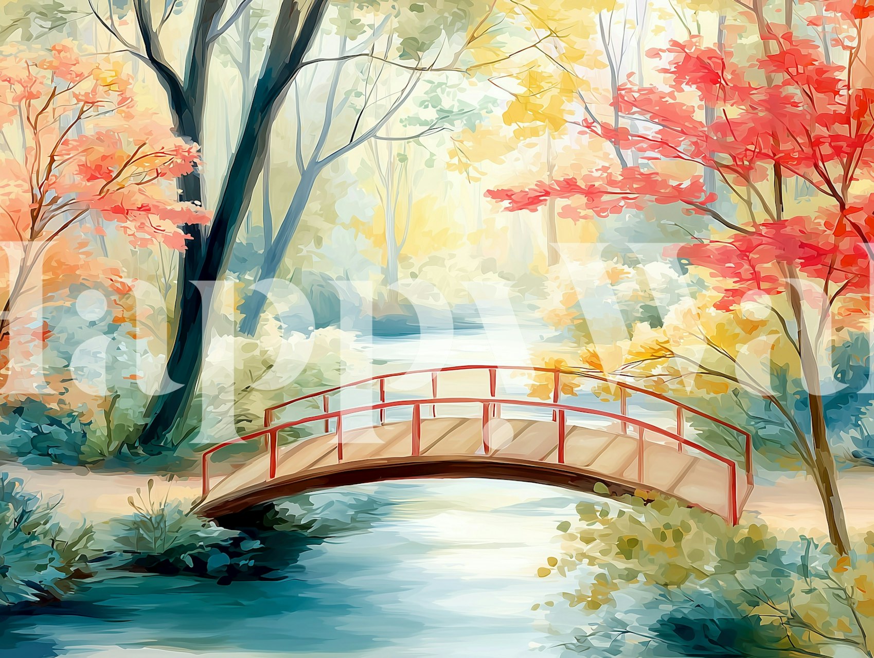 Papel pintado Autumn River Bridge en una habitación