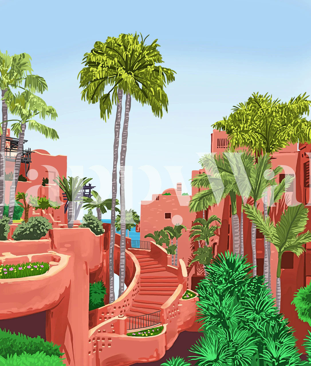 Tropical terracotta pathway with palm trees and greenery wallpaper