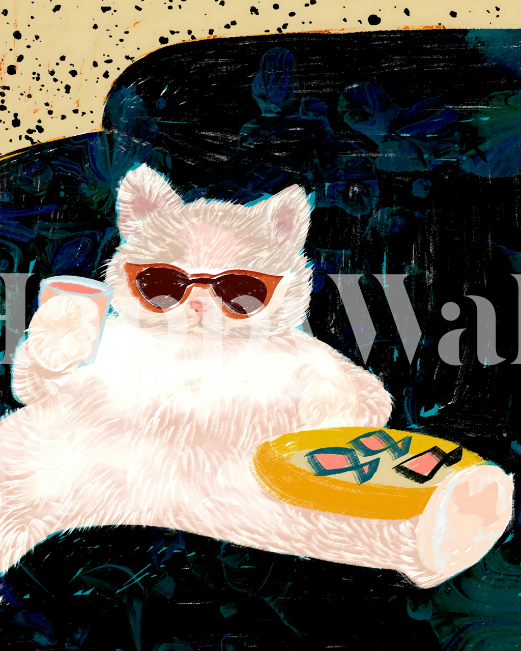 Cat lounging with sunglasses and drink wallpaper