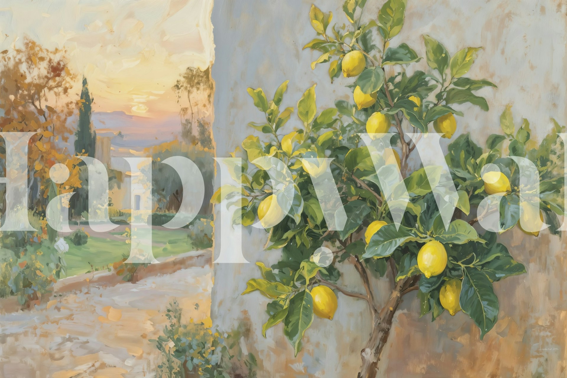Lemon tree with ripe lemons, sunset colors, landscape wallpaper