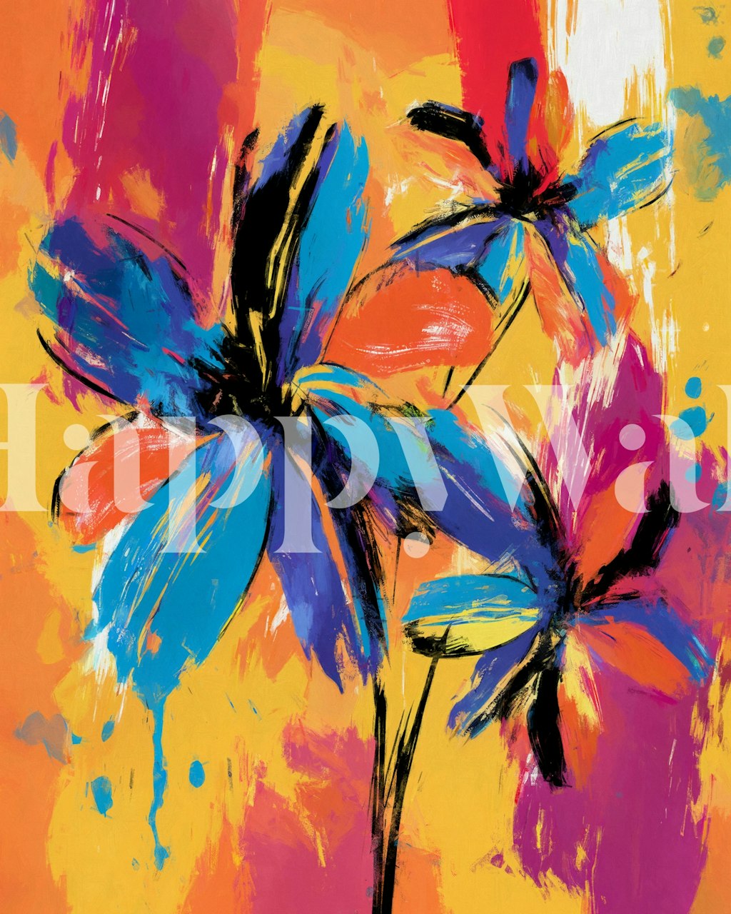 Colorful flowers in blue and orange against a yellow background wallpaper
