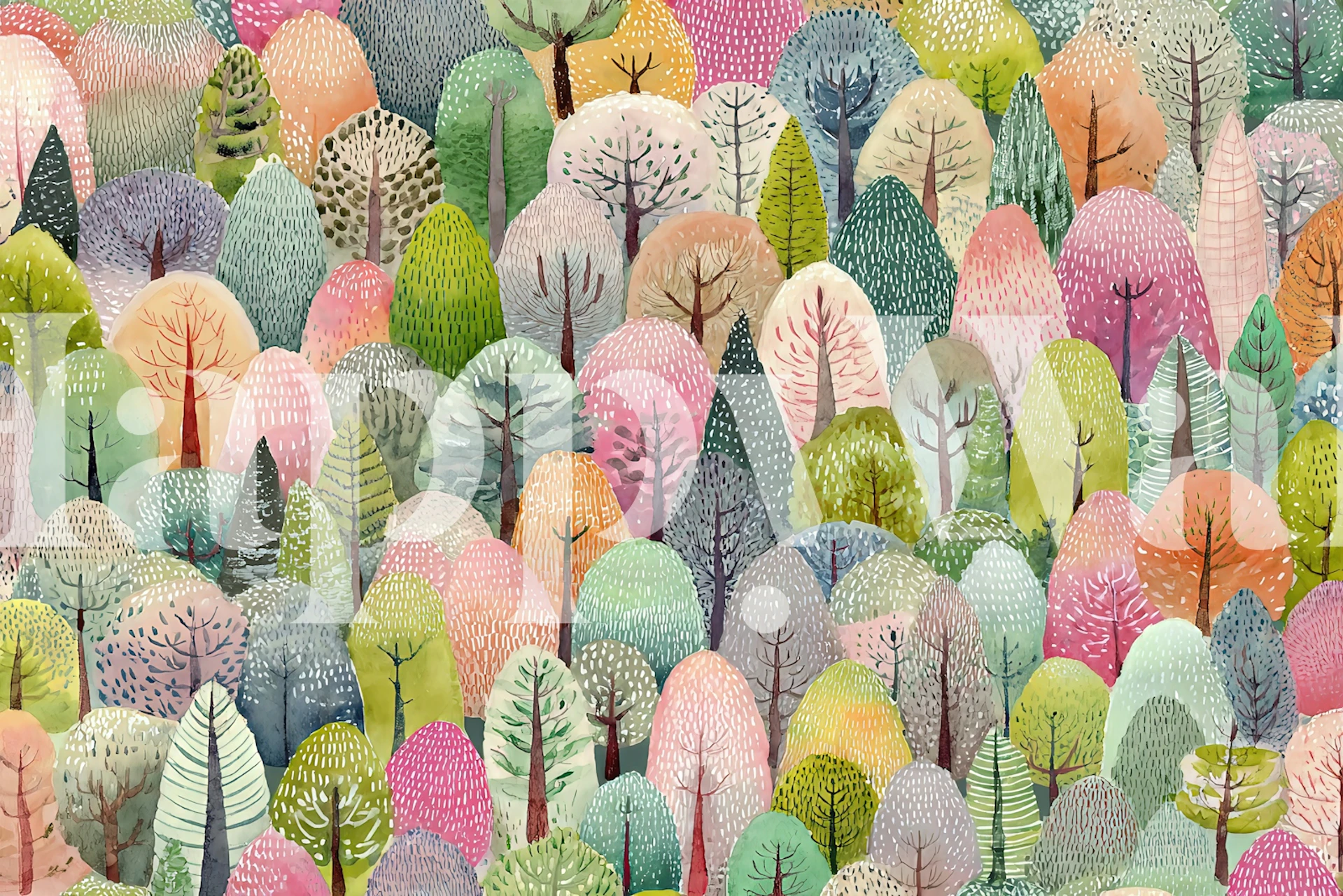 Colorful trees in pink, green, and blue tones wallpaper