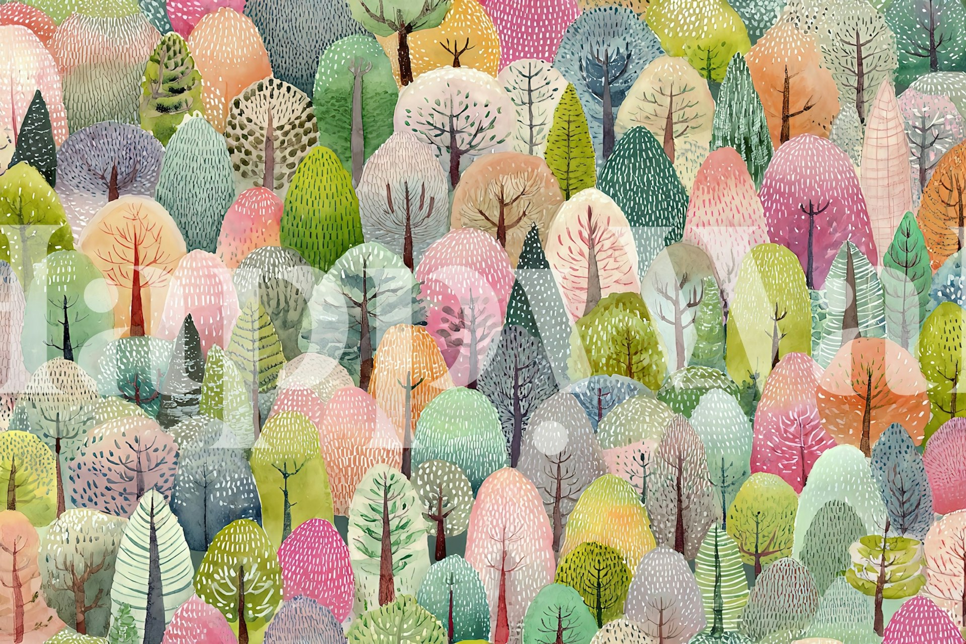 Colorful trees in pink, green, and blue tones wallpaper