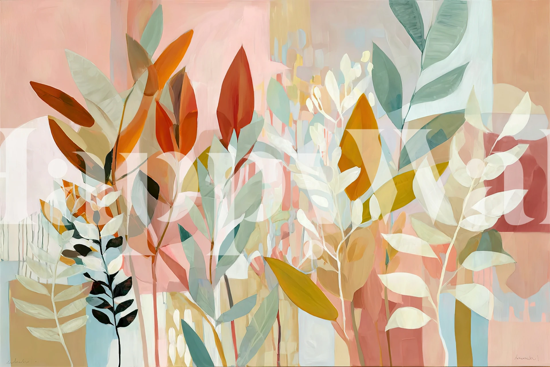 Tropisch bloemenbehang met bladeren in pastelkleuren: oranje, groen, en aardetinten.