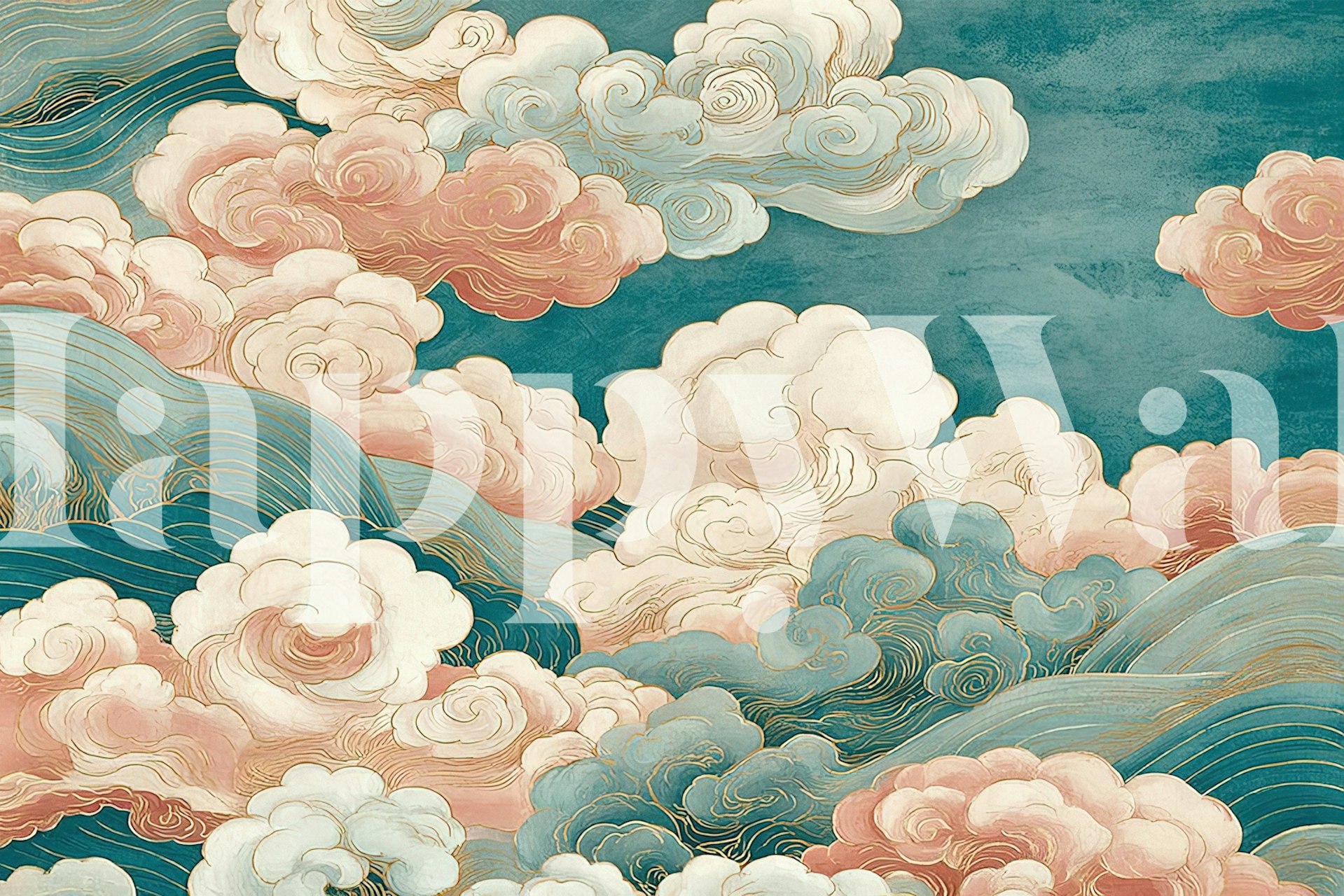 Celestial clouds in pastel pink and teal tones wallpaper