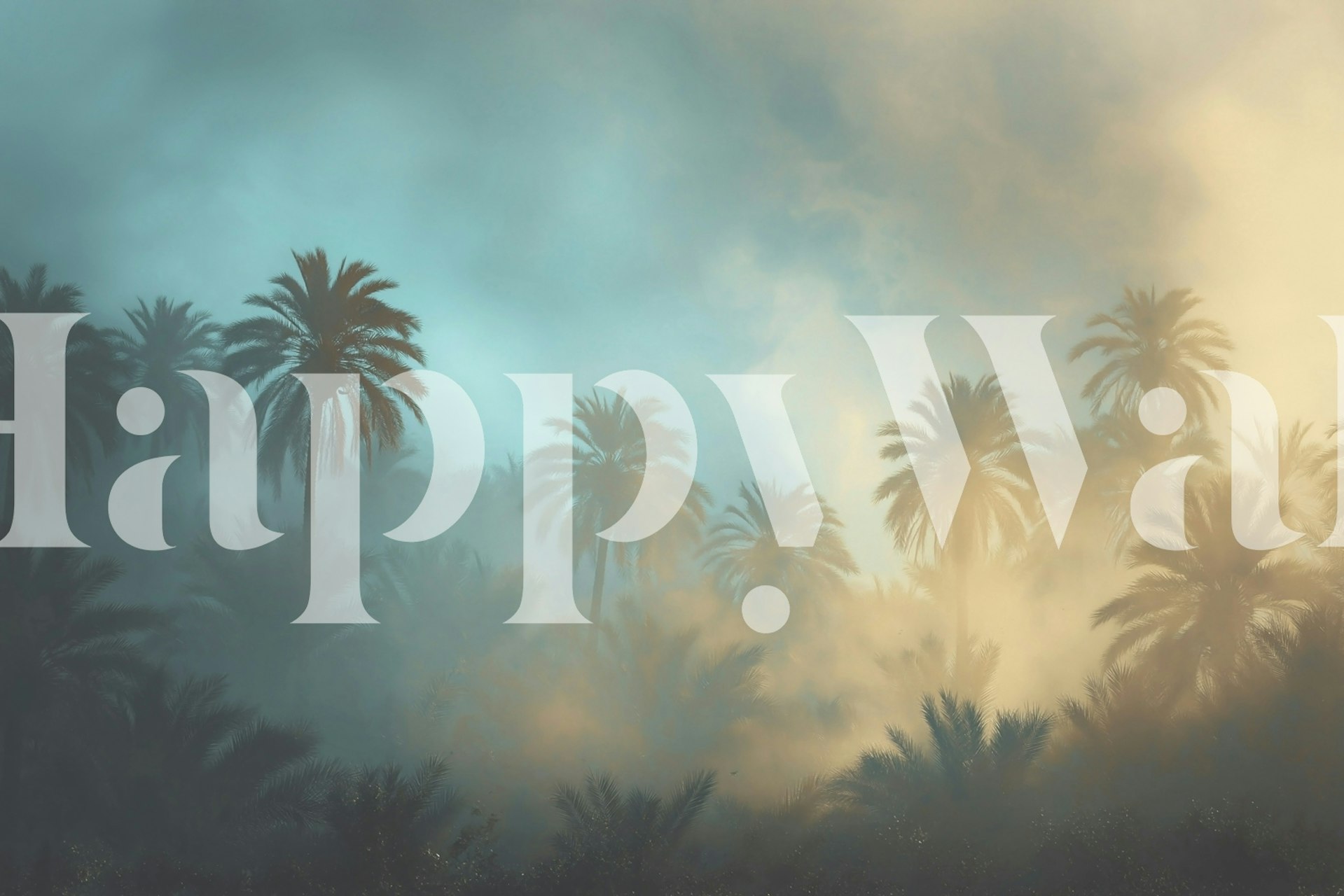 Foggy tropical wallpaper featuring palm trees in a misty blue and beige ambiance