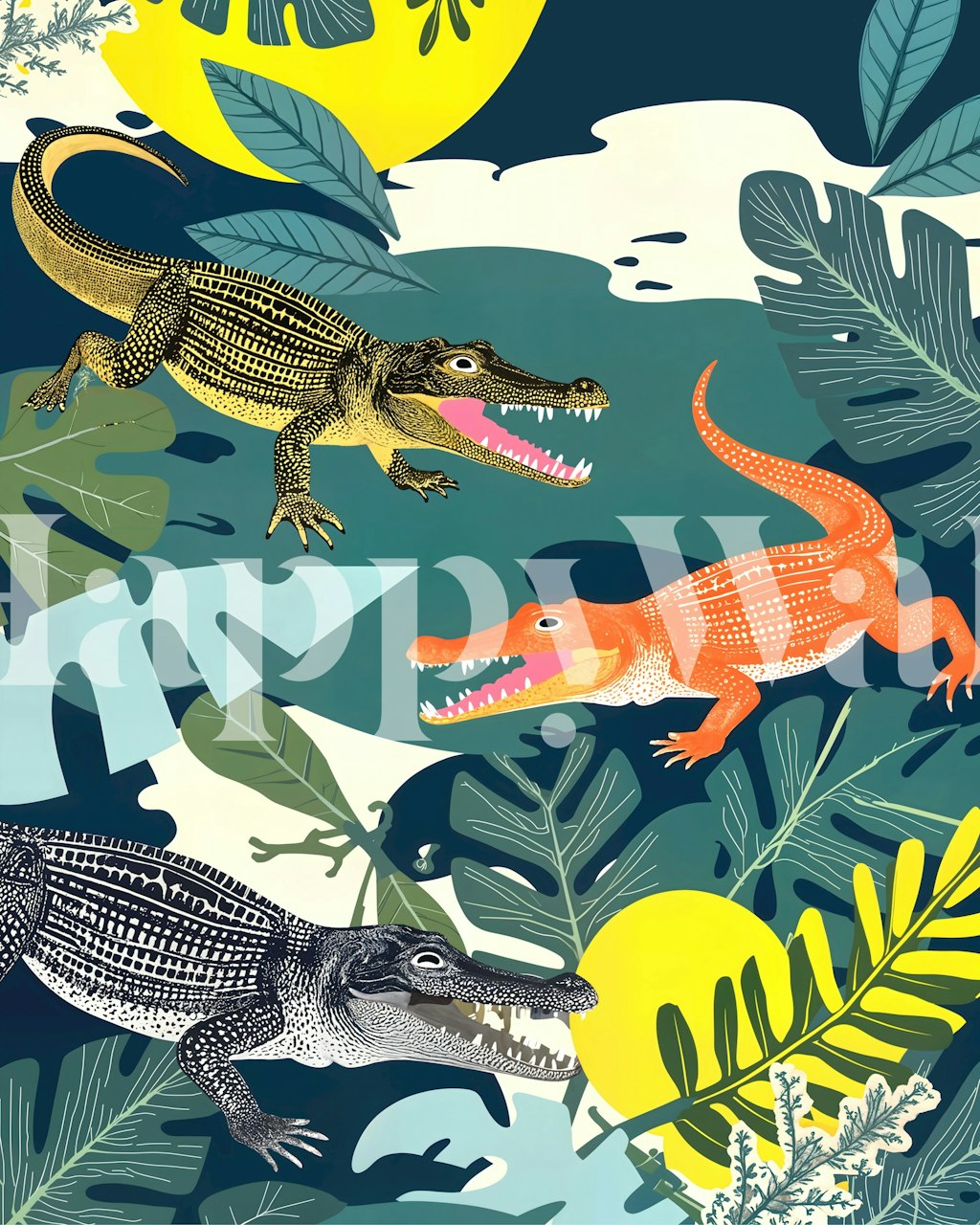 Three colorful crocodiles on blue and green foliage wallpaper