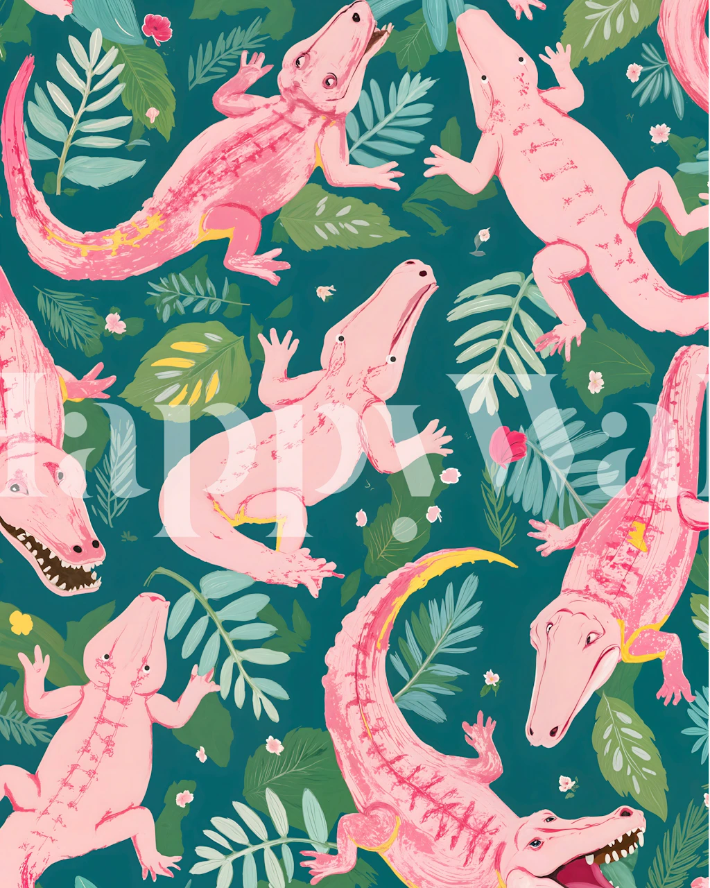 Pink alligators among green leaves wallpaper