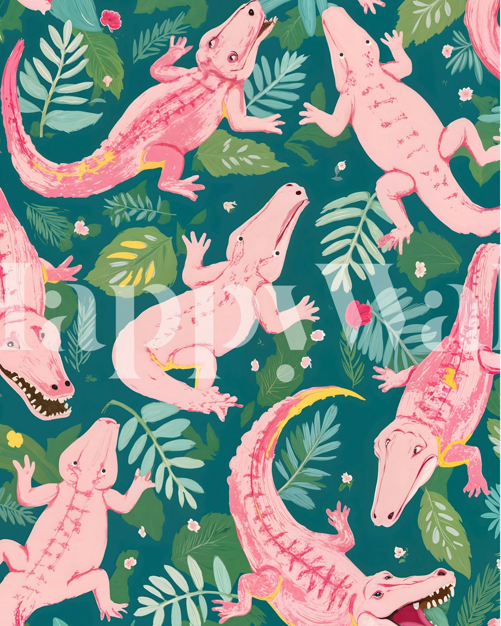 Pink alligators among green leaves wallpaper