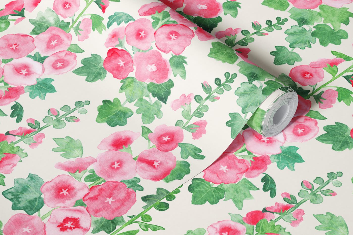 Happy Hollyhocks in Pink and Green Small wallpaper roll