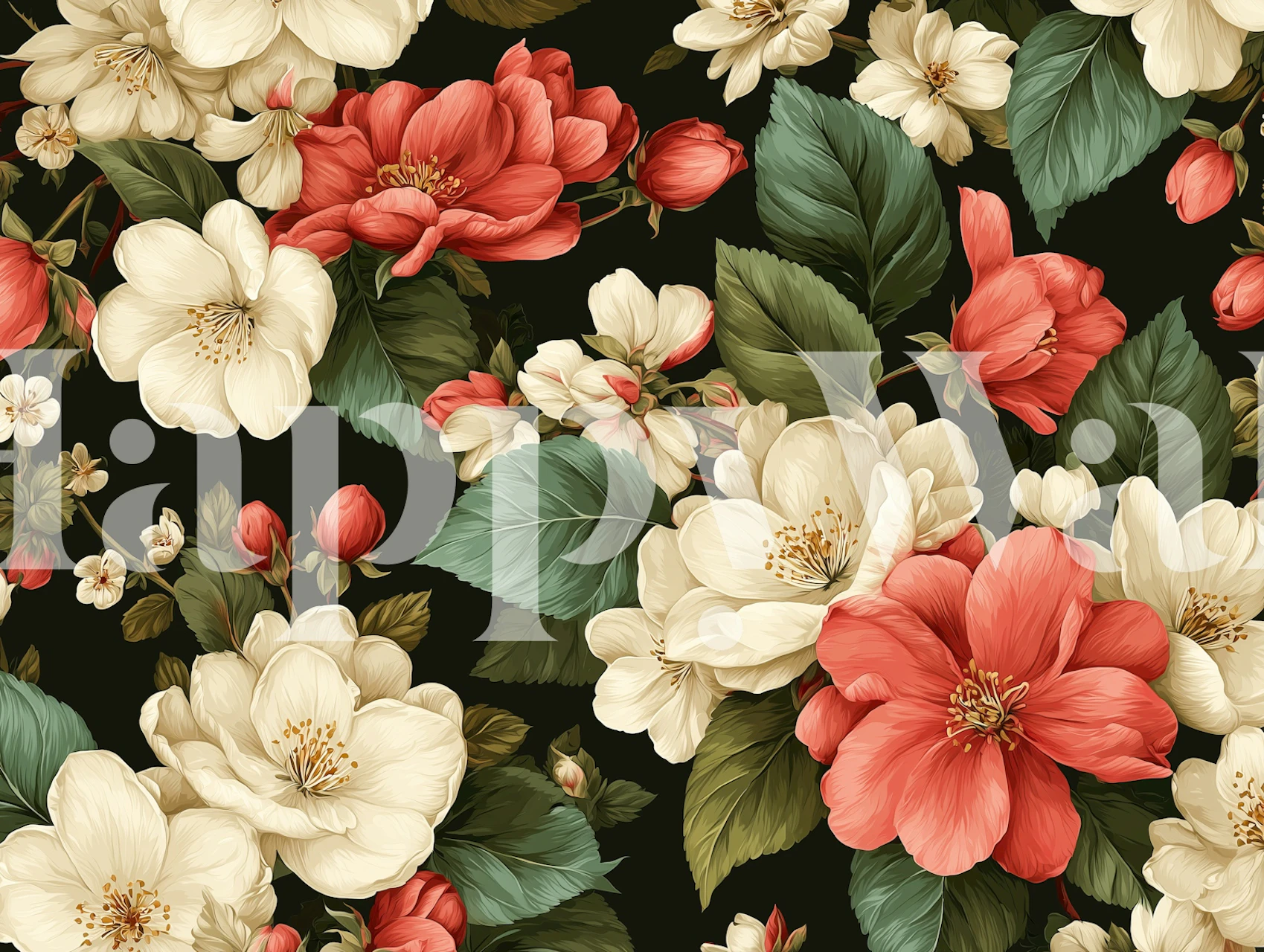 Red and white flowers with green leaves on a black background wallpaper