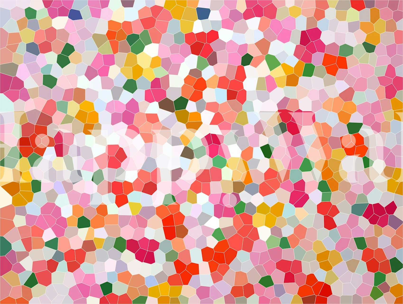 Colorful abstract mosaic wallpaper featuring pink, red, yellow, and green patterns.