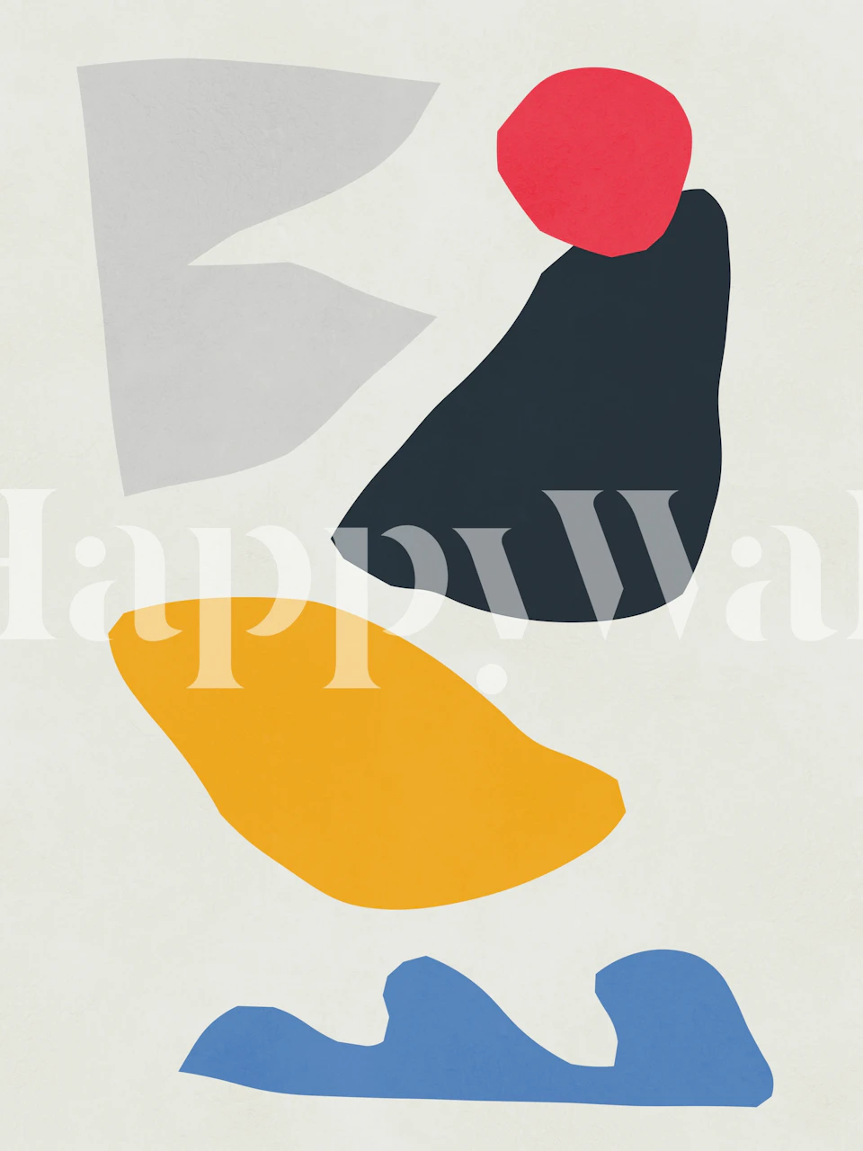 Geometric color block shapes in red, yellow, navy, and gray wallpaper