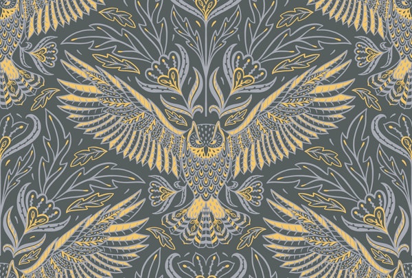 Owl Grey Yellow - Dark Academia Damask