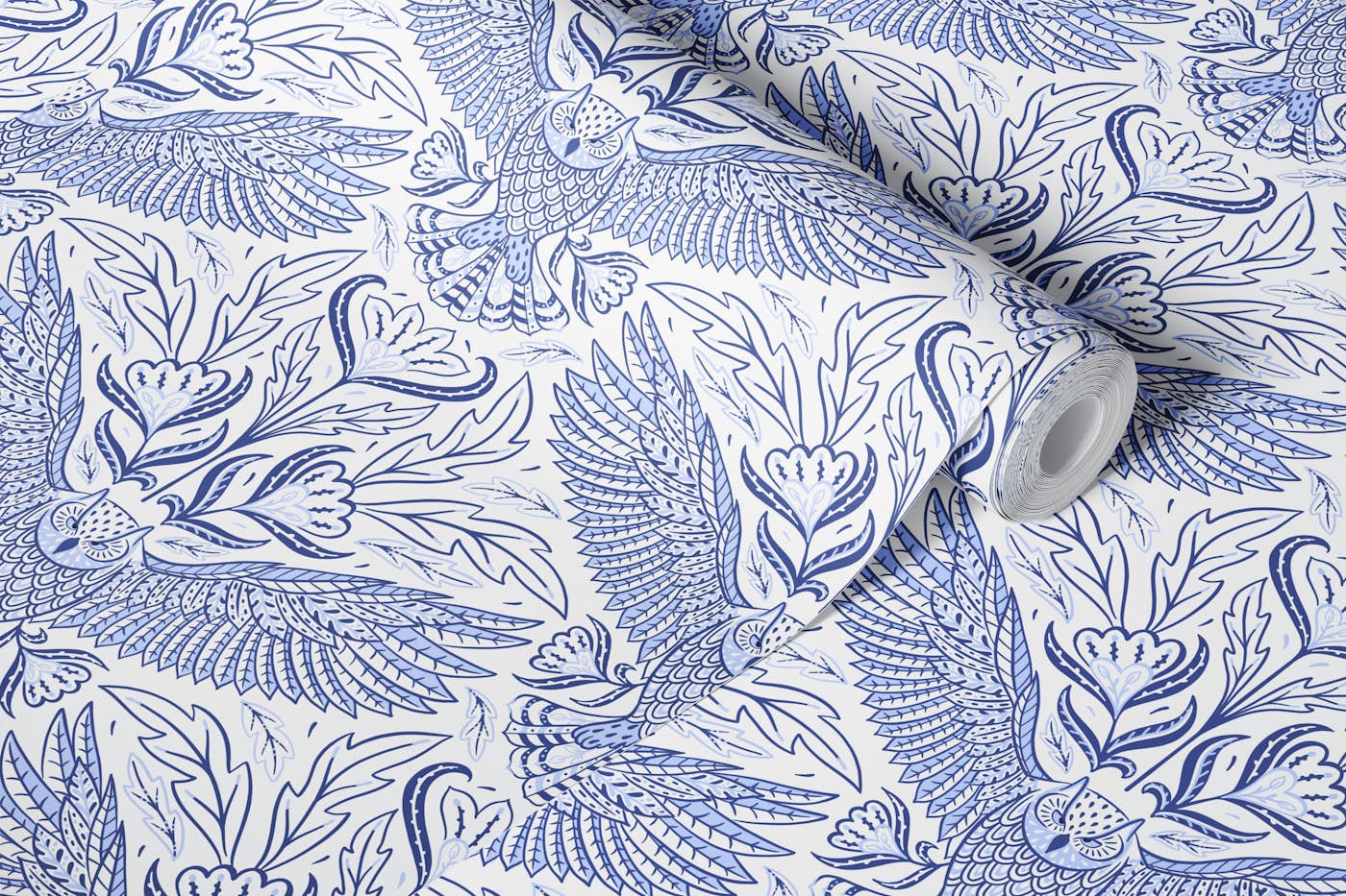 owl ink blue - chinoiserie wallpaper roll