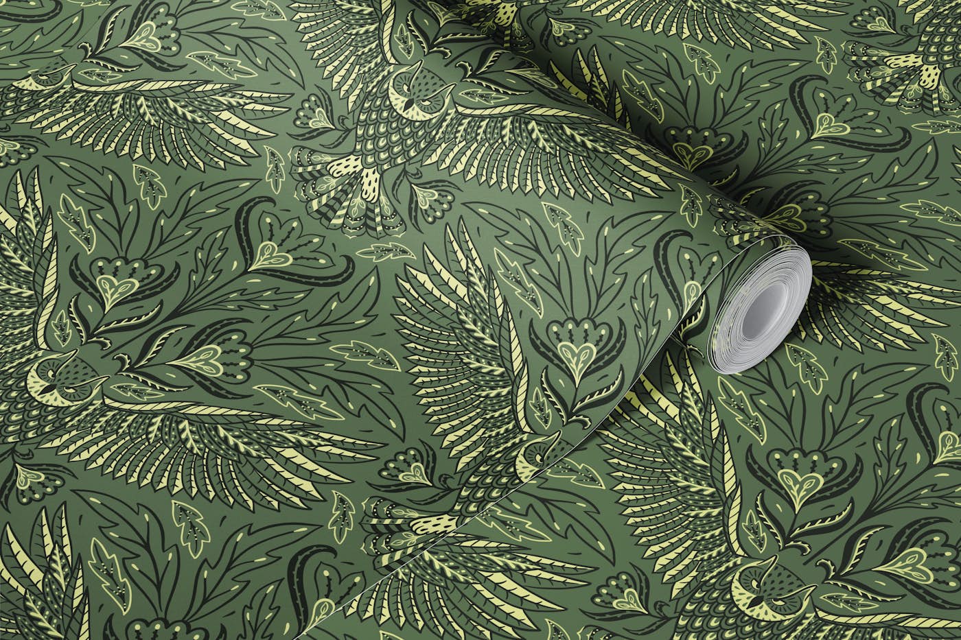 owl dark green - dark academia damask wallpaper roll