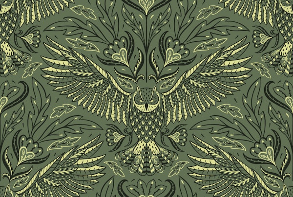 owl dark green - dark academia damask