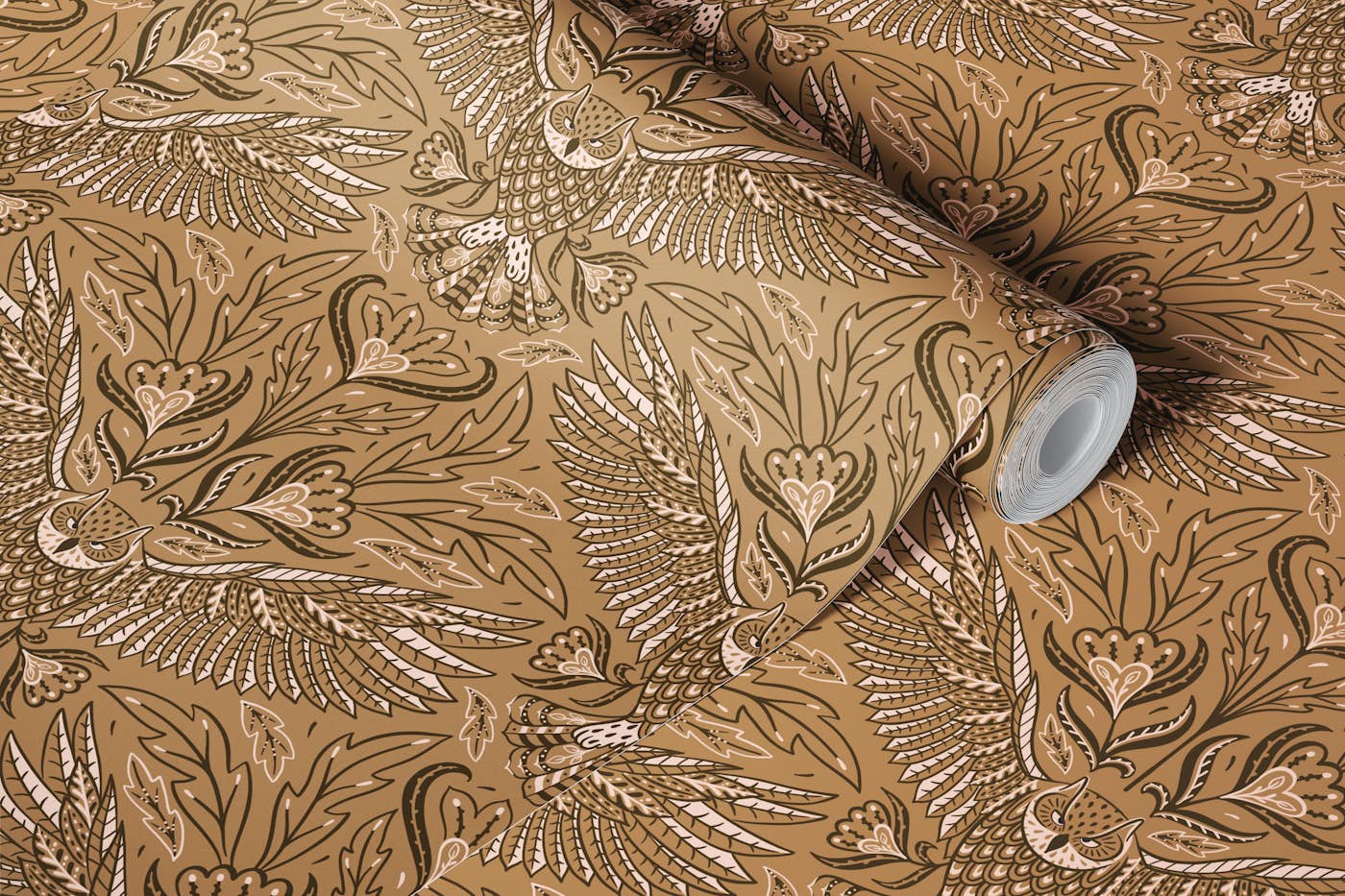 owl gold brown - dark academia wallpaper roll