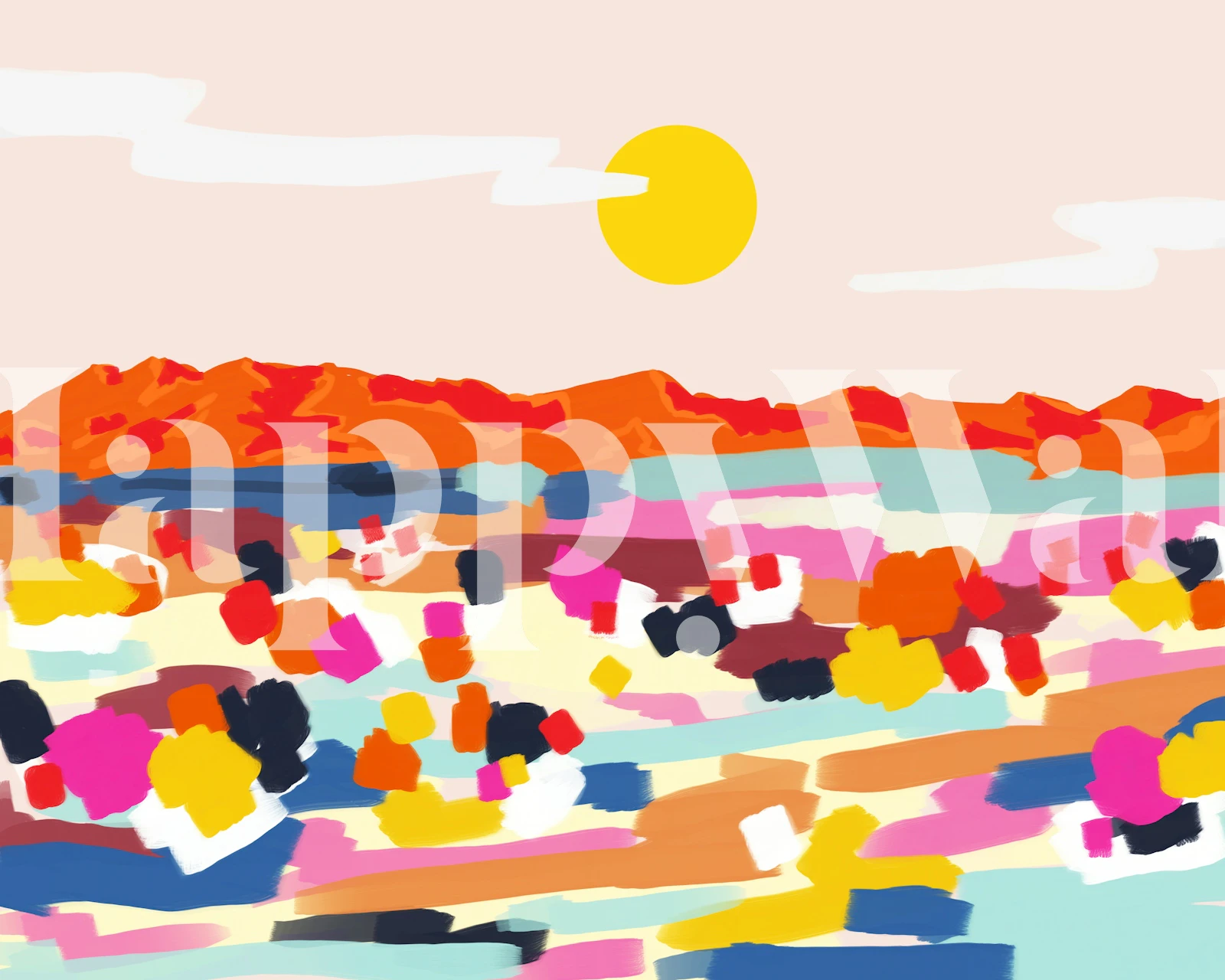 Colorful romantic landscape wallpaper in a room