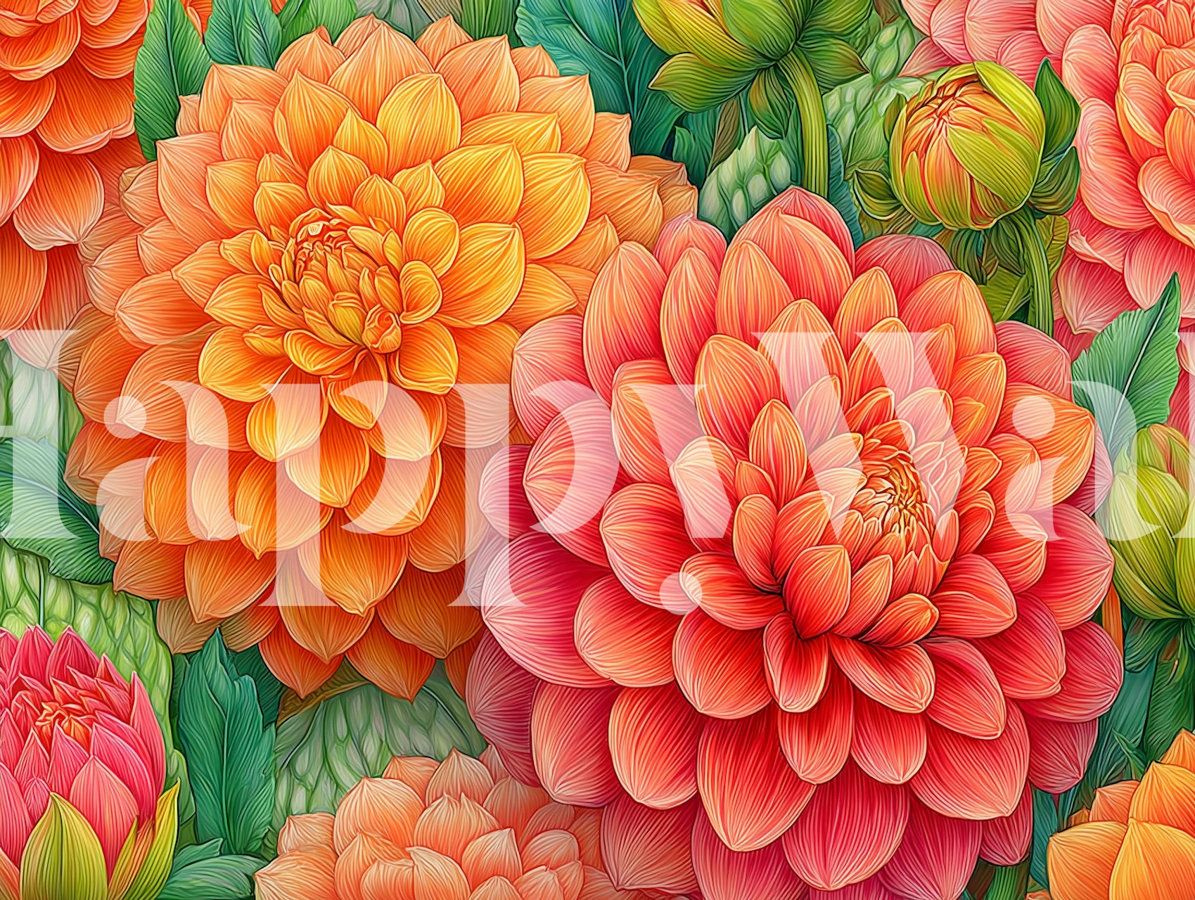 Bright orange and pink dahlia flowers with green leaves wallpaper