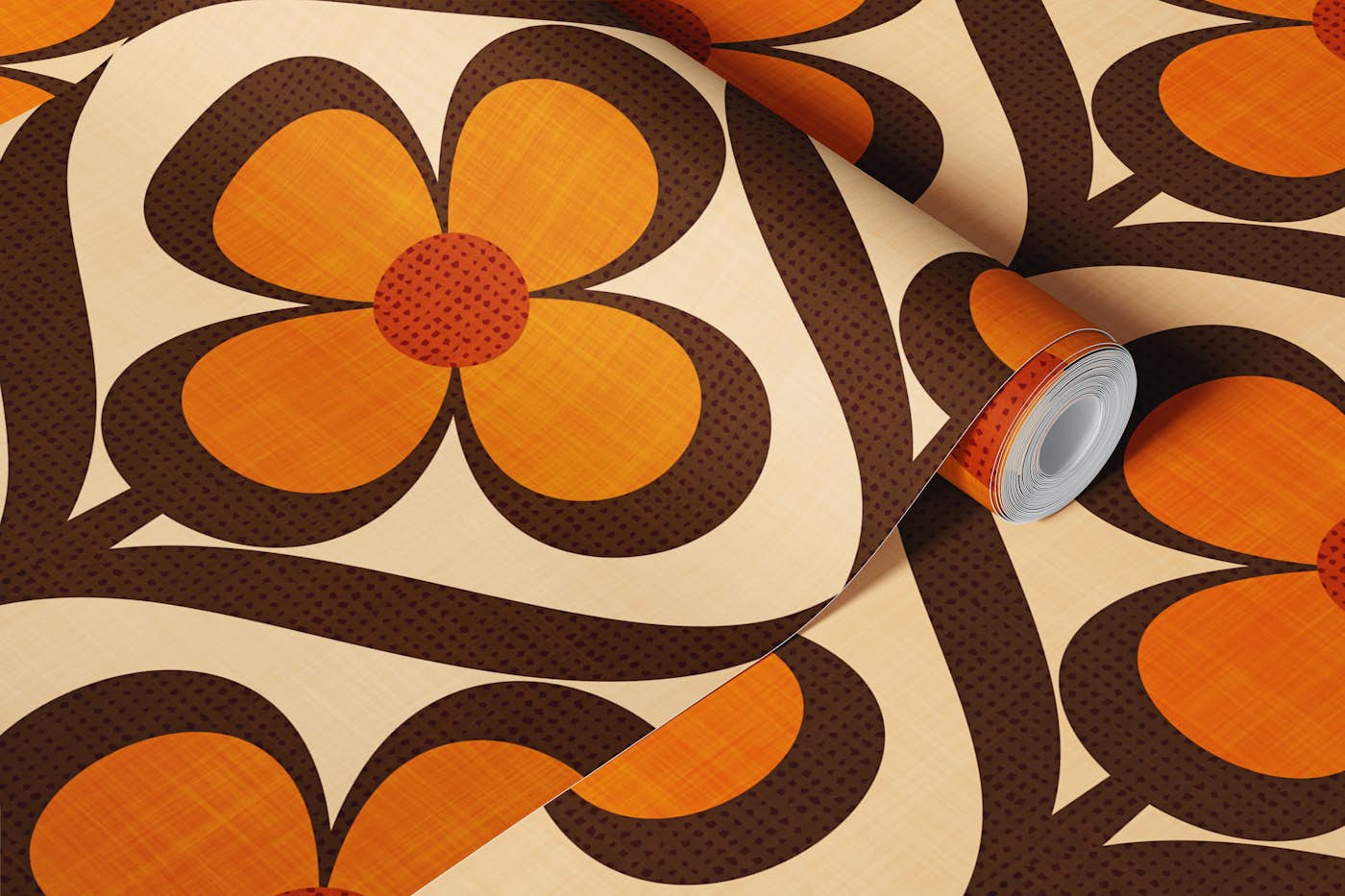 70s Floral Retro Geo Flowers Beige Orange wallpaper roll