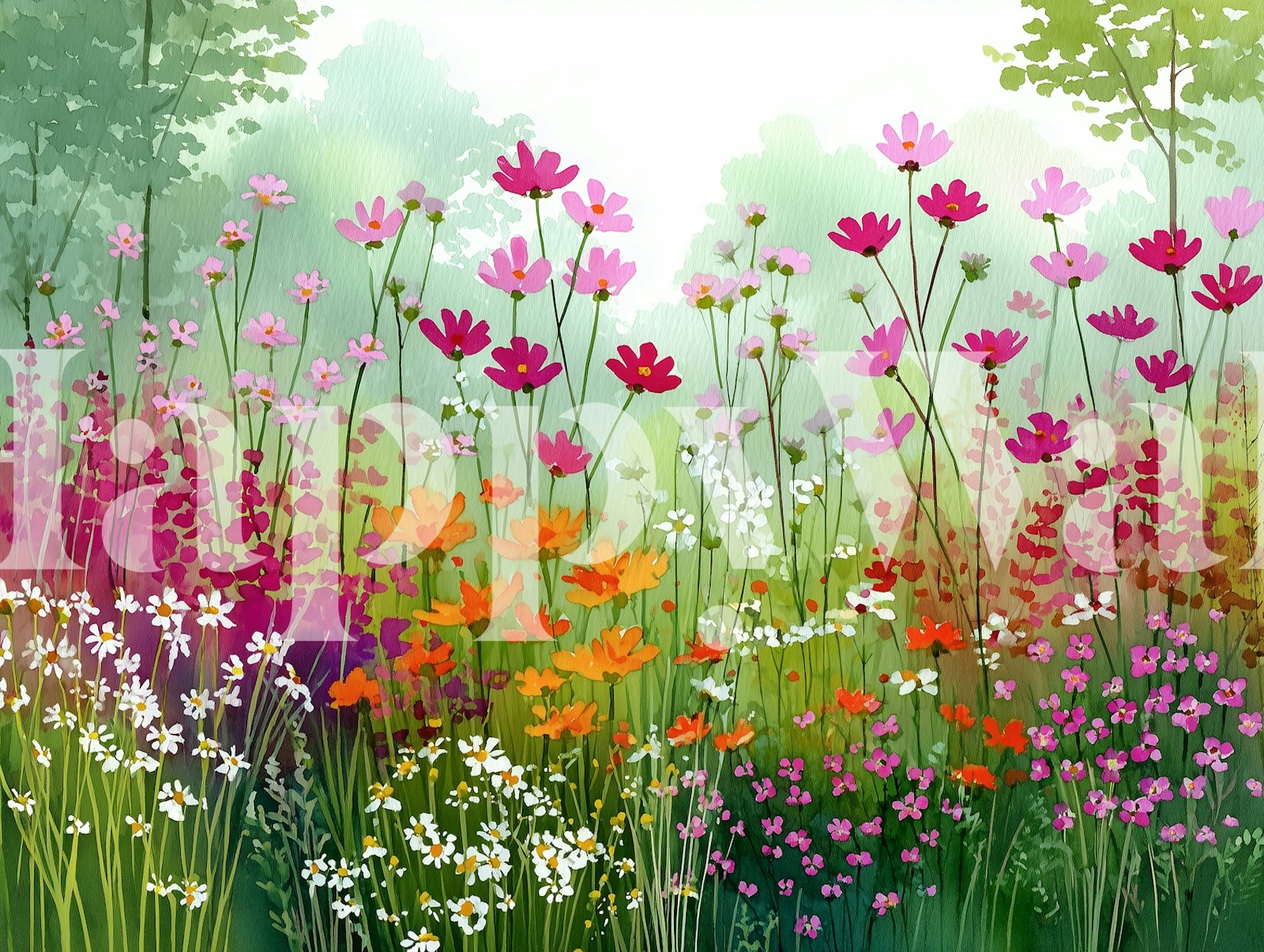 Colorful watercolor floral wallpaper with pink, orange, and white flowers