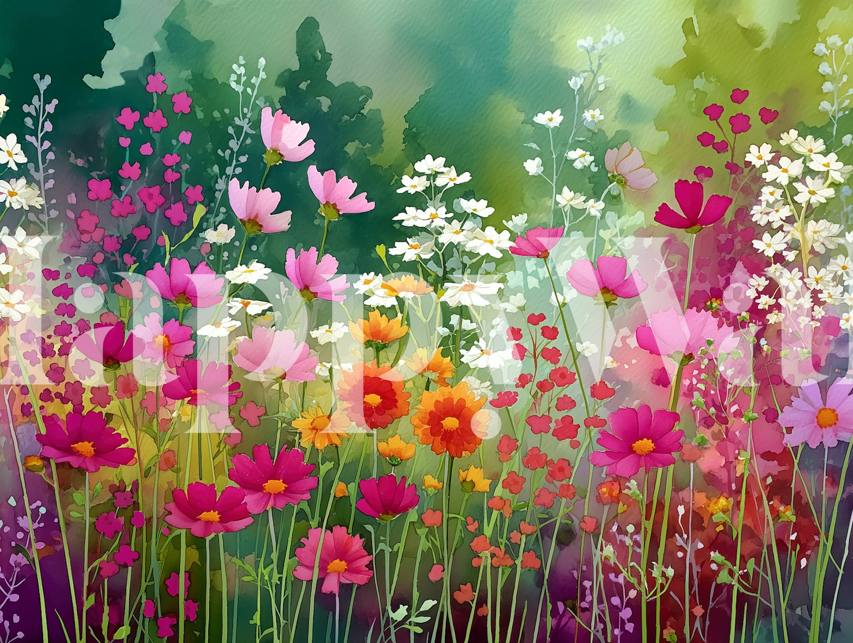 Vibrant wildflower meadow wallpaper in a room