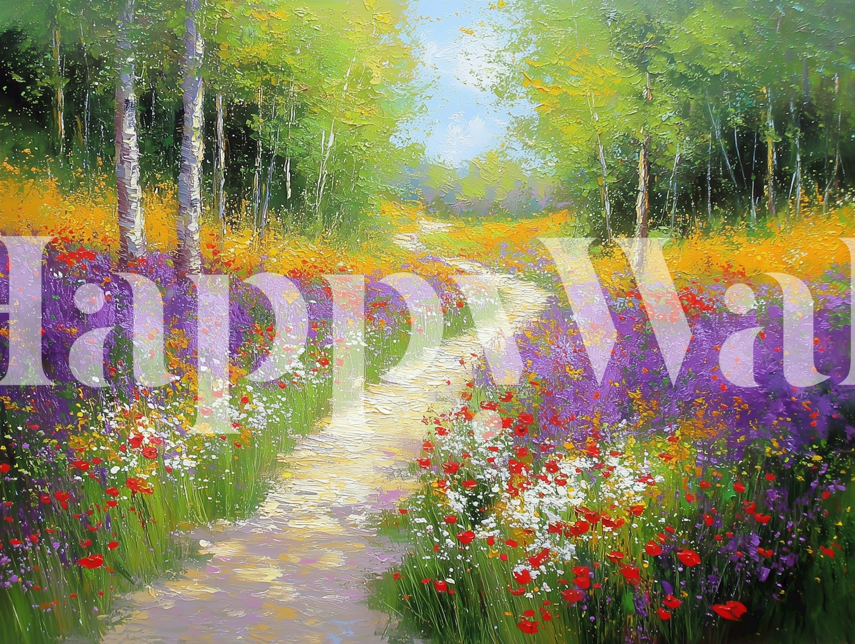 Colorful meadow pathway wallpaper design