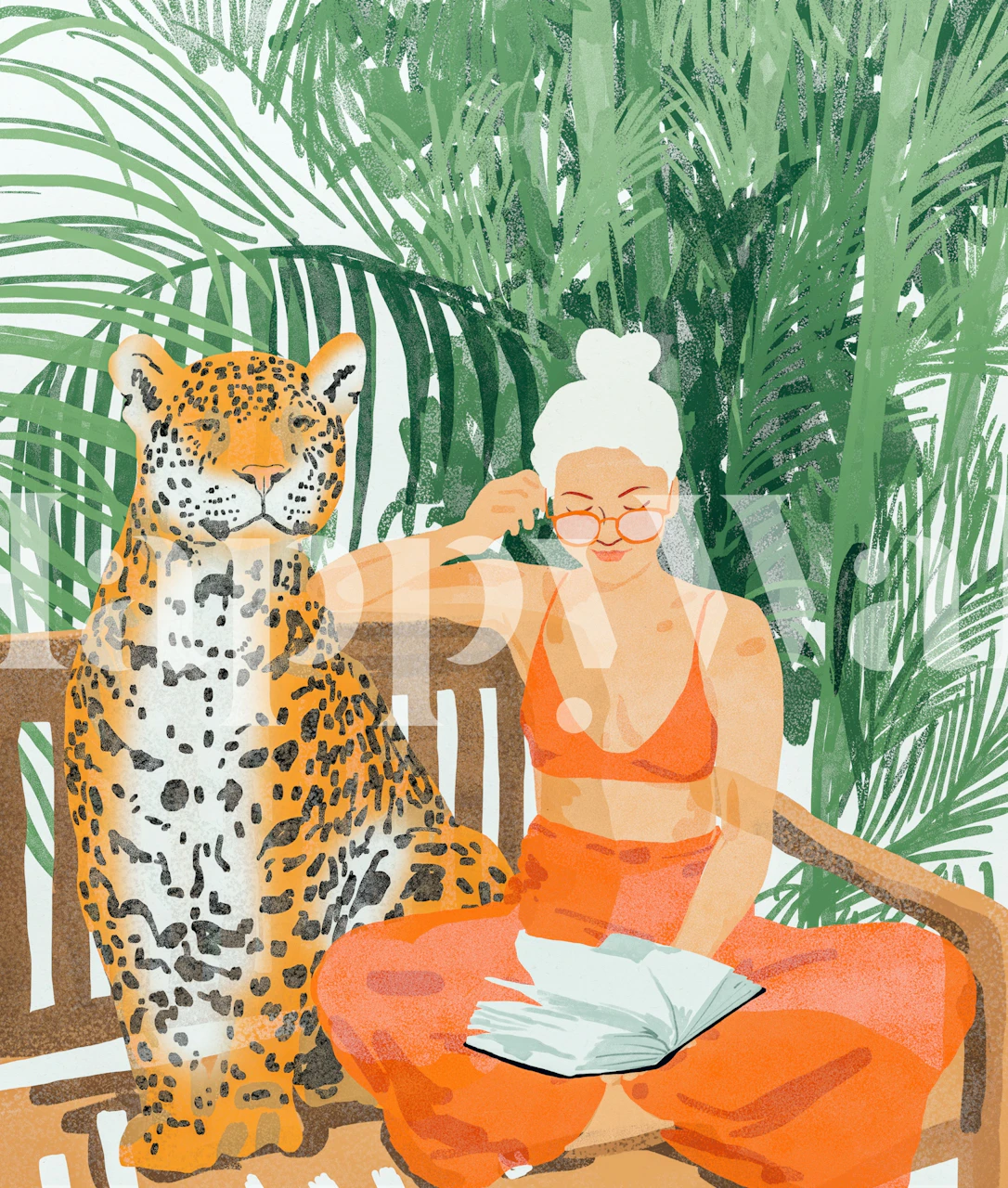 Leopard and woman reading among tropical plants wallpaper